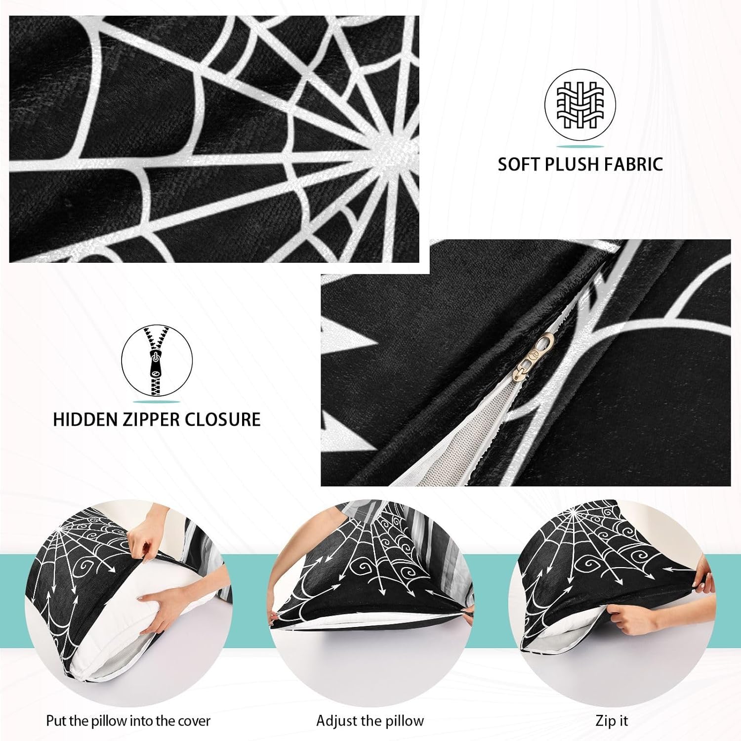 Emelivor Spiderweb – Fundas de almohada de Halloween de terciopelo, fundas de cojín suaves, fundas de almohada cómodas, almohadas decorativas para