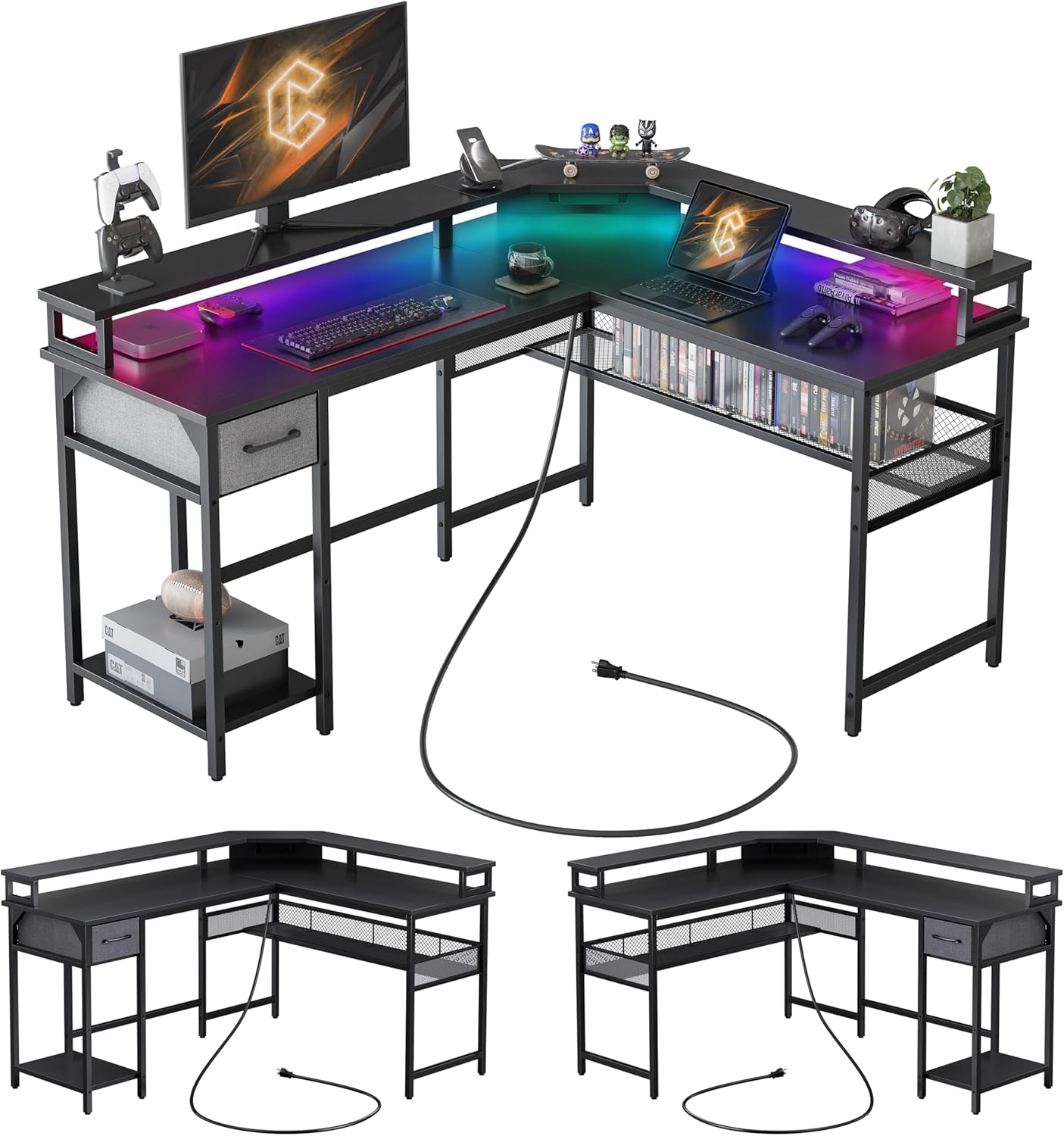 CubiCubi Escritorio para juegos en forma de L con luces LED y tomas de corriente, escritorio esquinero reversible de 58 pulgadas con estantes de