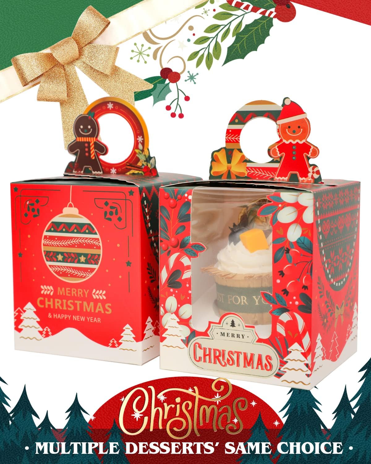 qiqee Cajas individuales de cupcakes de Navidad, 50 unidades, cajas de magdalenas individuales con ventana 3.7 “3.7” x 4.5 ” caja de magdalenas para