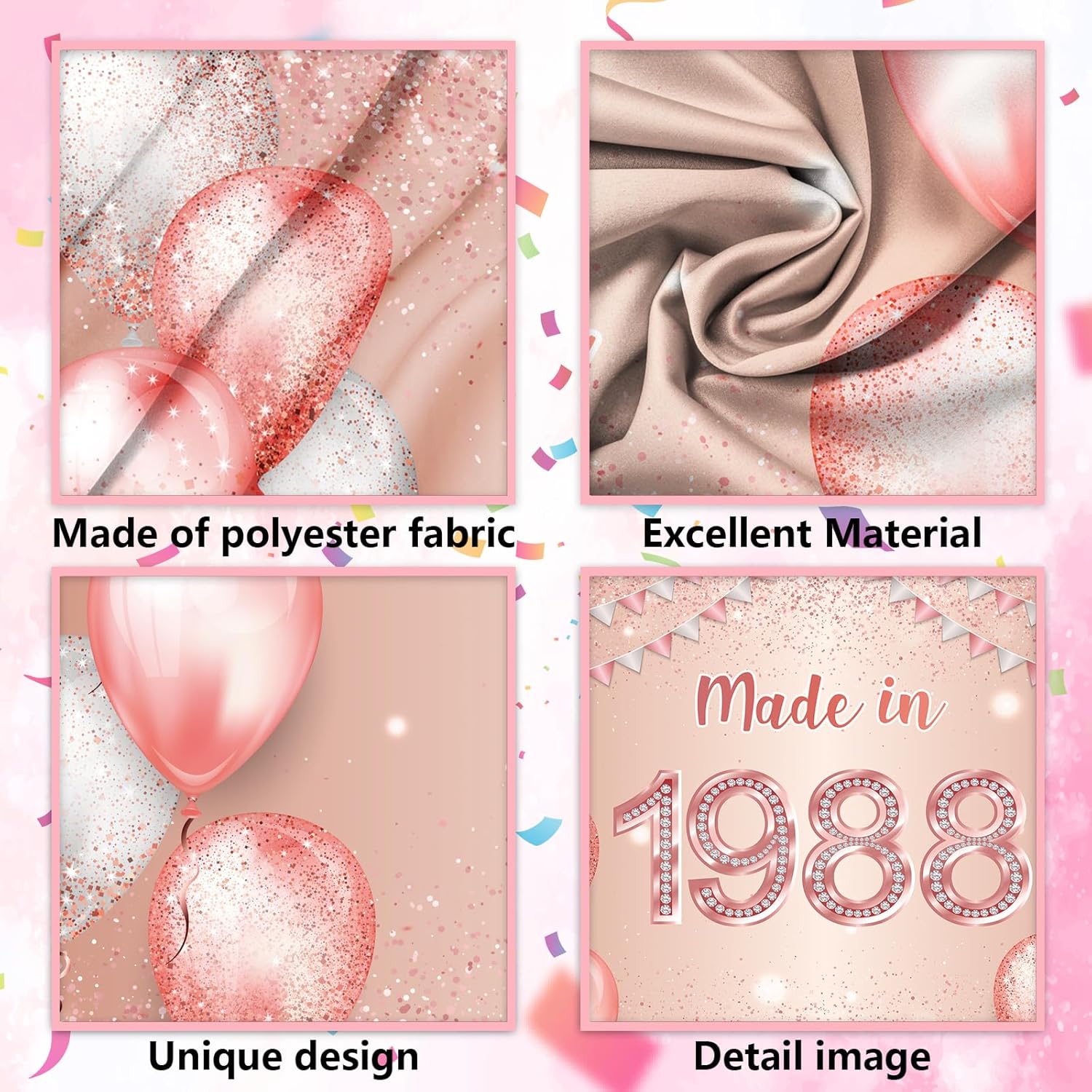 Cartel de feliz cumpleaños número 35 de oro rosa hecho en 1988, con texto en inglés “Cheers to 35 años”, telón de fondo de globo, confeti,