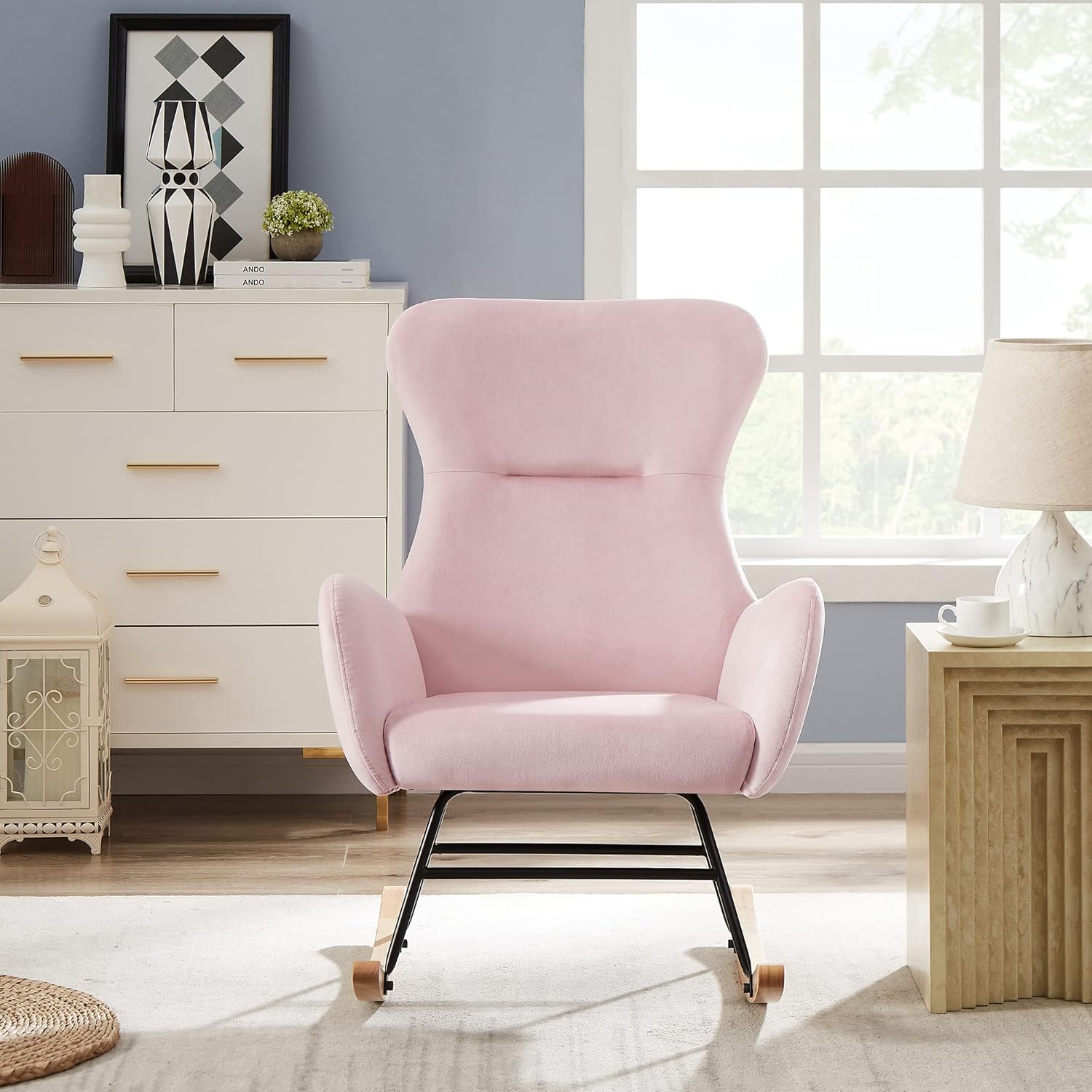 Olela Mecedora para guardería, mecedora tapizada de peluche, asiento acolchado con respaldo alto y bolsillo lateral para sala de estar, dormitorio,