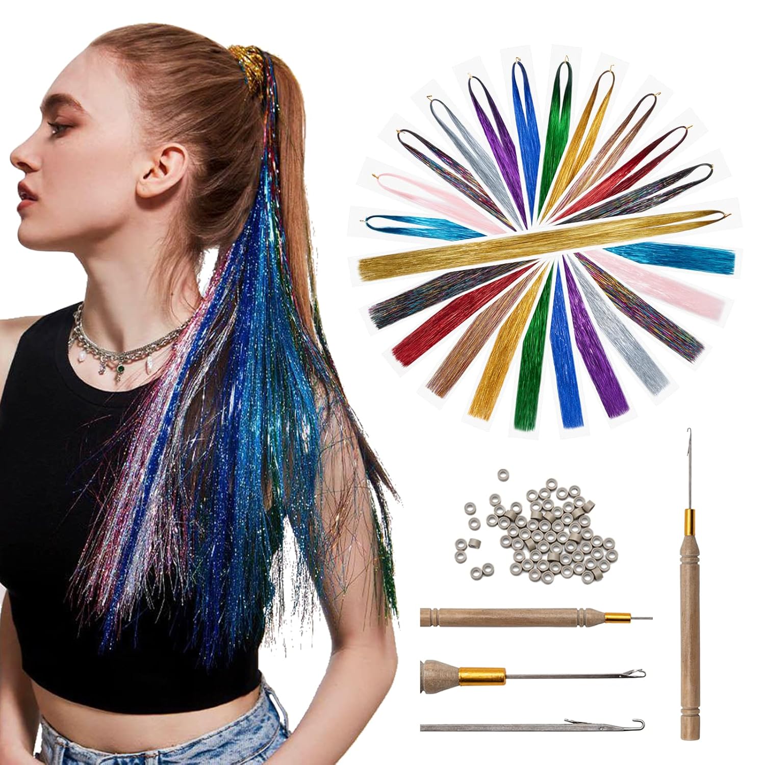 Hairro Extensión de cabello de oropel con herramienta, extensiones de cabello brillante y tensil de cabello de hadas, mechones de oropel para