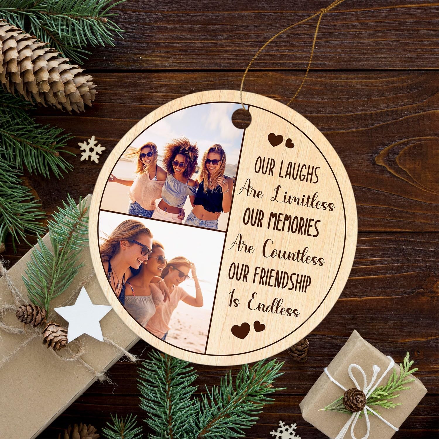 Adorno personalizado de Navidad con texto en inglés “Best Friends Forever”, Our Laughs are Limitless Our Memories are Countless Our Friendship is