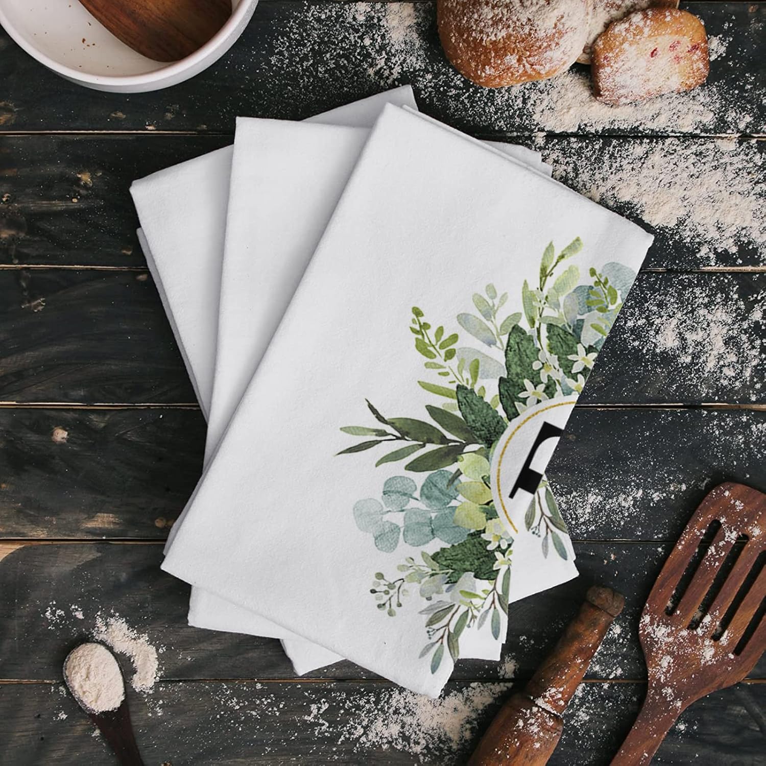 Paquete de 2 toallas de cocina y paños de cocina, monograma de letra E de eucalipto de acuarela primavera verano estilo rural de 18 x 28 pulgadas,