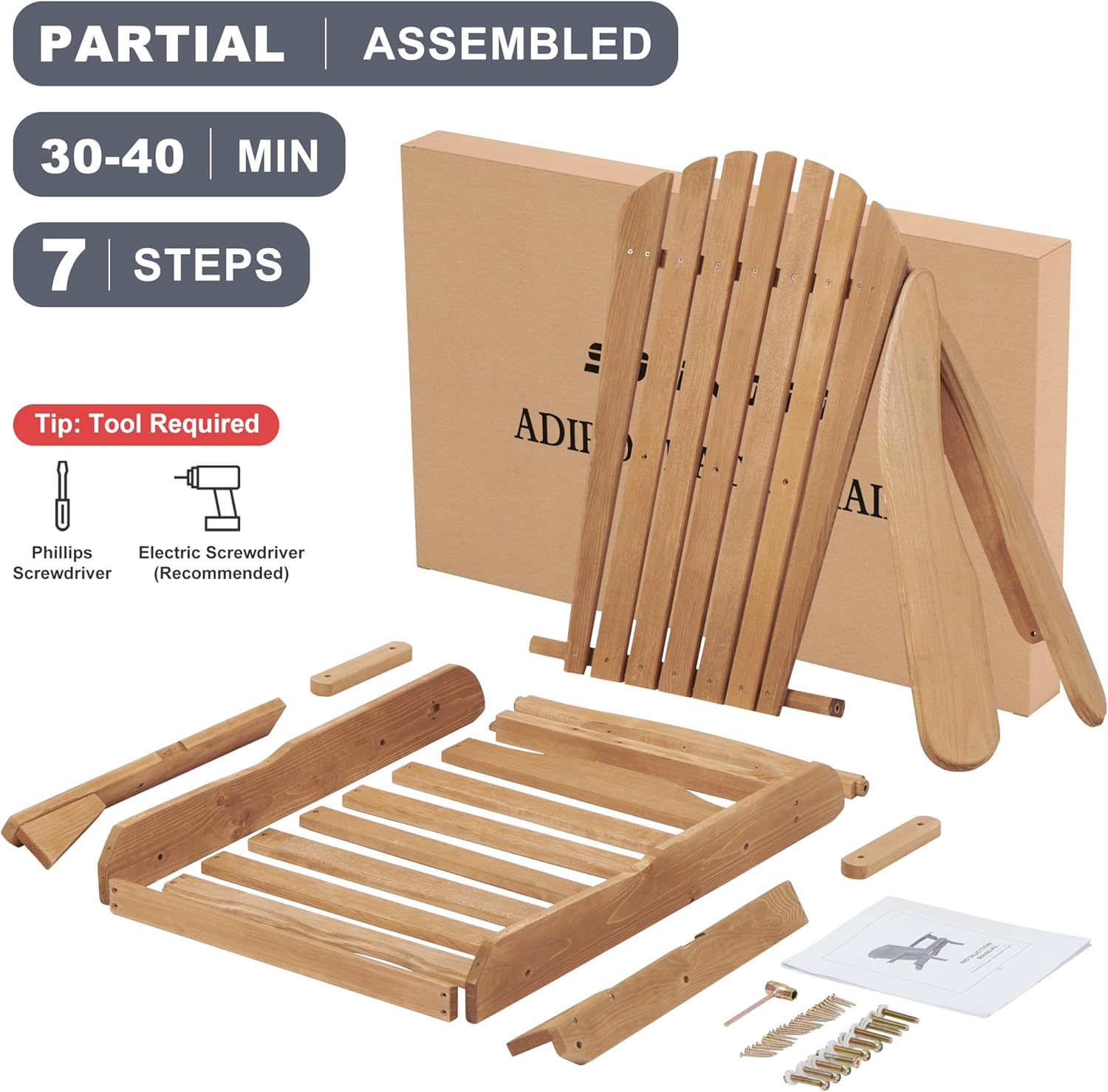 Silla Adirondack plegable de madera para exteriores con respaldo premontado, silla de patio de madera para jardín, patio trasero, porche, piscina,