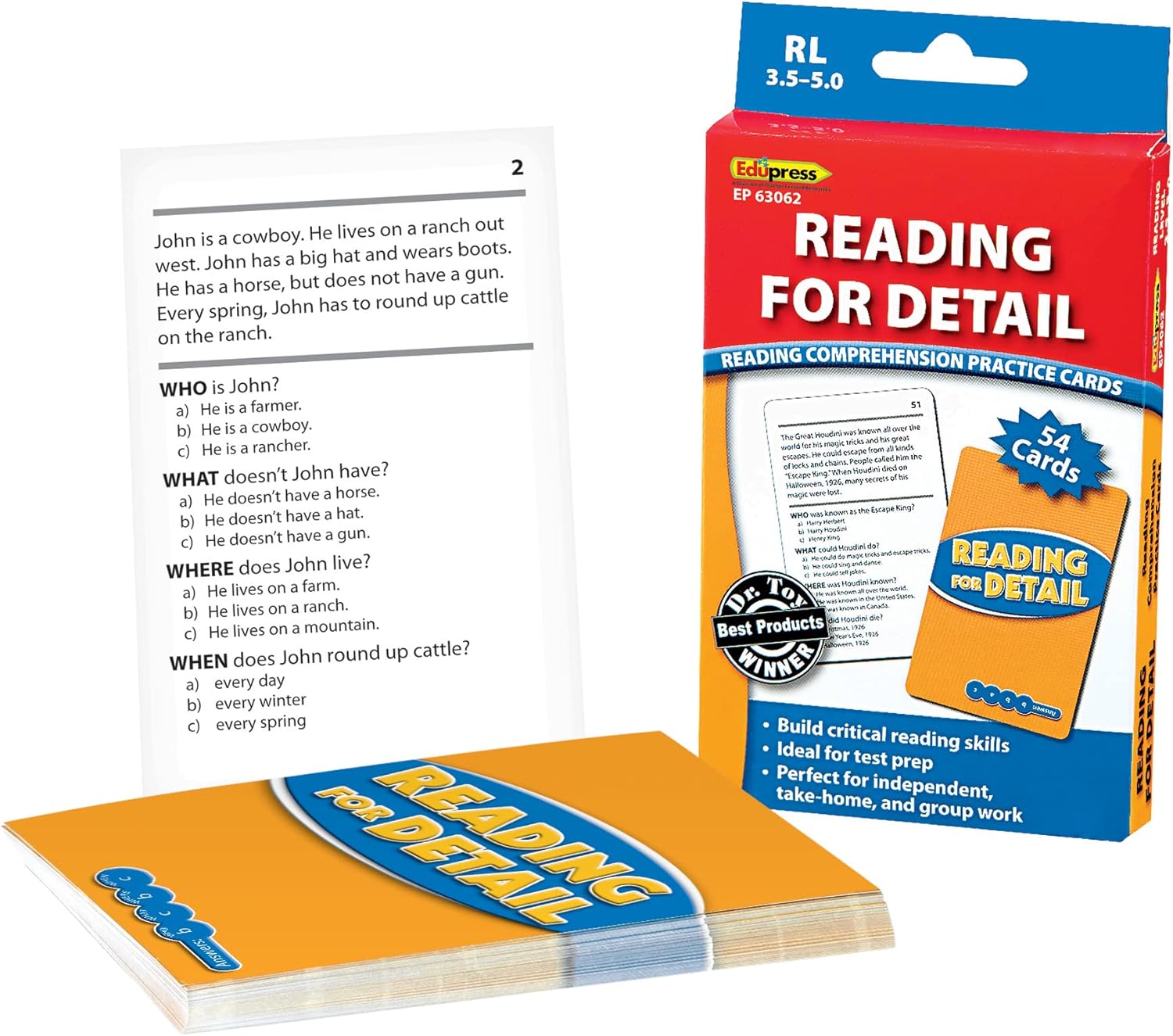 Edupress Tarjetas de práctica de lectura para detalles, niveles 3.5-5.0, azul