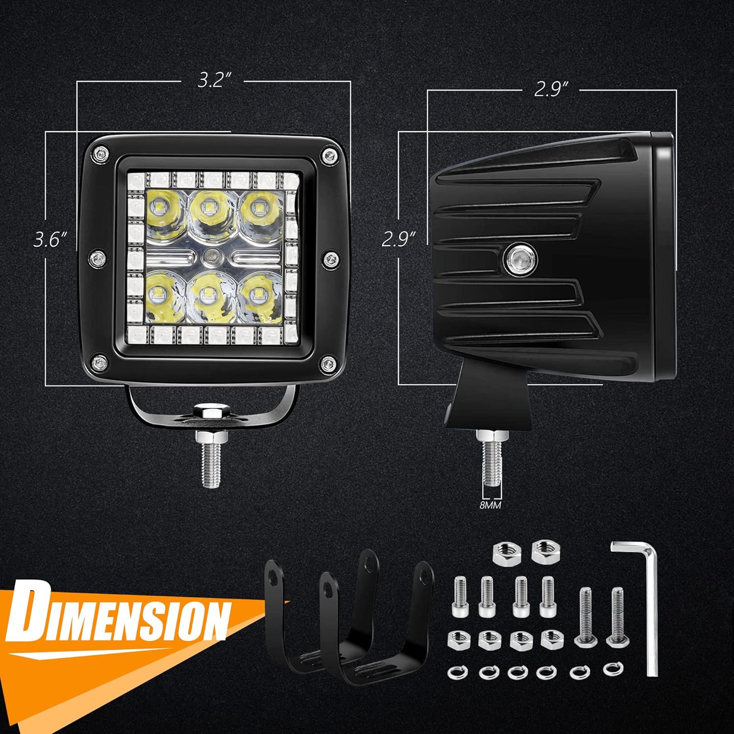 Nicoko Luces LED RGB de 3 pulgadas, 18 W, luces todoterreno, cápsulas cuadradas + controlador impermeable para luces, camión, automóvil, barco,
