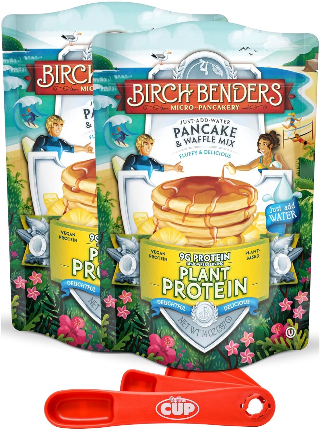 Birch Benders – Mezcla de proteína vegetal para panqueques y waffles, 14 onzas (paquete de 2) con cucharas giratorias By The Cup