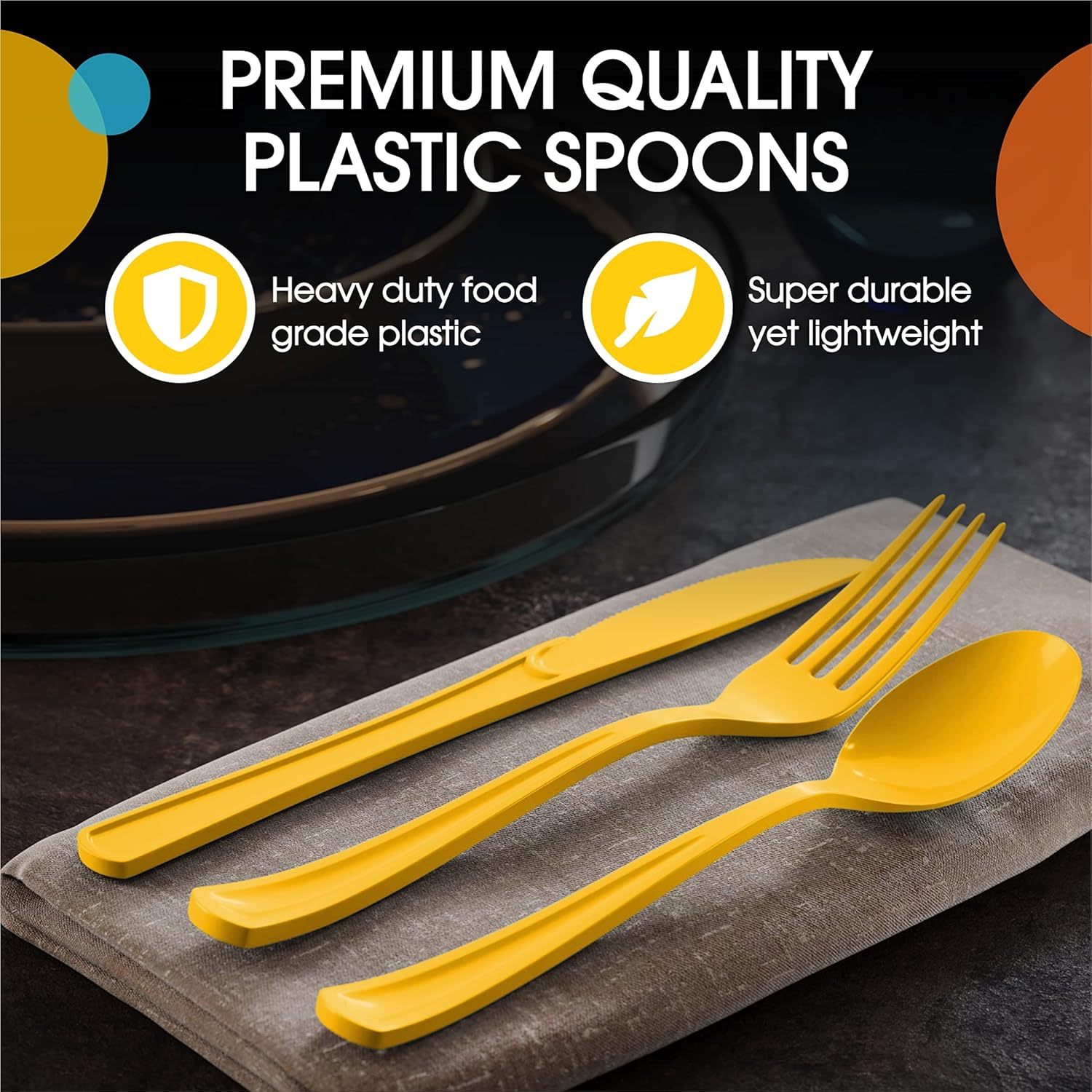 Cucharas desechables de plástico amarillas, 100 piezas, cubiertos desechables de plástico amarillo resistente, cubiertos desechables amarillos,
