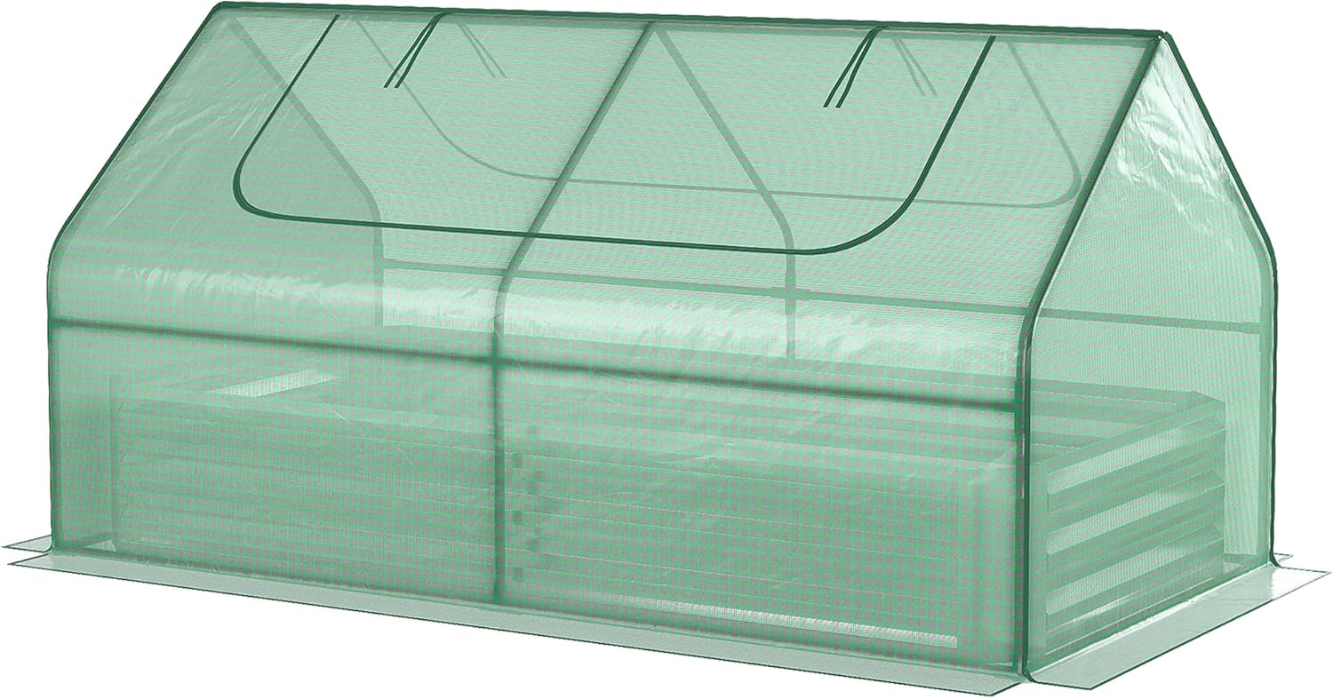 Outsunny Cama de jardín elevada galvanizada de 6 x 3 pies con mini cubierta de invernadero de polietileno, maceta de metal para exteriores con 2