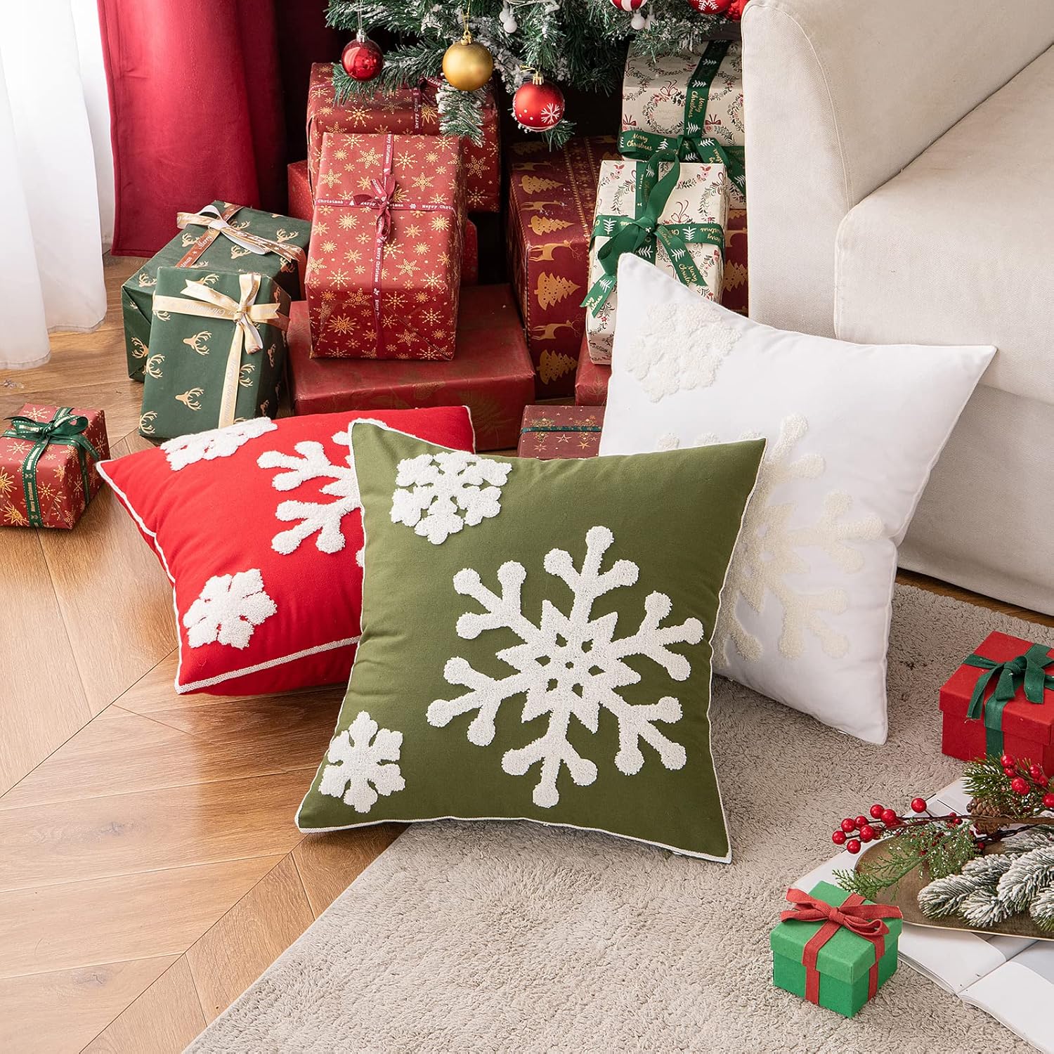 MIULEE Paquete de 2 fundas de almohada decorativas de Navidad con diseño de copo de nieve, fundas de cojín de lona bordadas, fundas de almohada