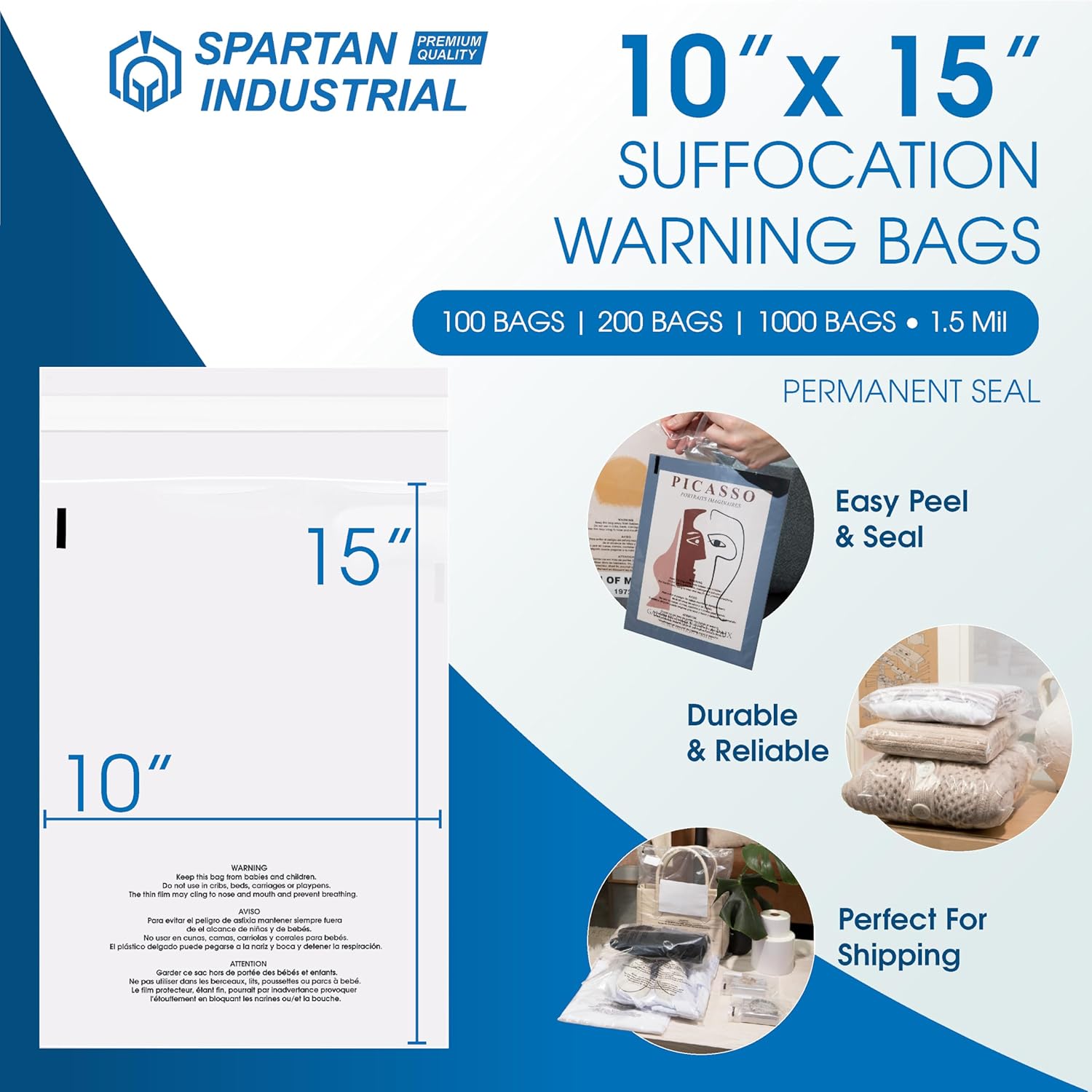 Spartan Industrial – Bolsas de polietileno transparente autosellantes de 10 x 15 pulgadas (200 unidades) con advertencia de asfixia para embalaje,