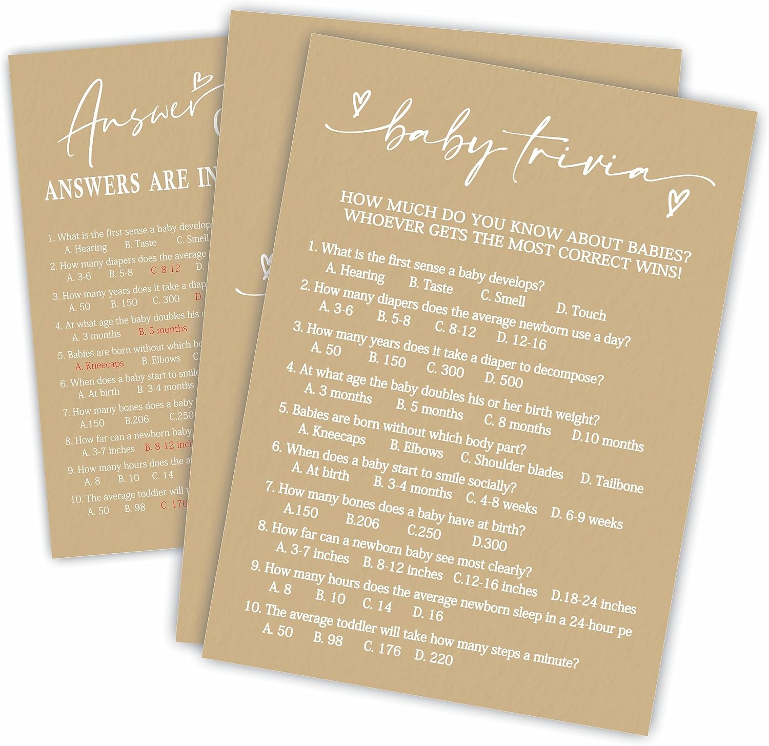 Kit de juego de preguntas para bebés para baby shower, color marrón minimalismo, 30 tarjetas de juego rellenas y 1 tarjeta de respuesta para baby
