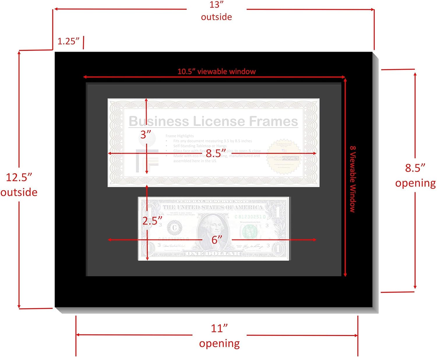 CreativePF $L8.5x11bk-b Marco negro para el primer dólar con licencia comercial, alfombrilla para el primer dólar y una licencia de 3.5 x 8.75,