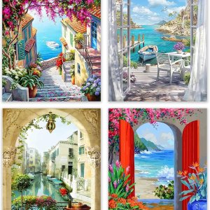 Perycomly Pintura por números para lienzo de adultos, paquete de 4 pinturas acrílicas de 16 x 20 pulgadas para puertas por números, kit de pintura Perycomly Pintura por números para lienzo de adultos, paquete de 4 pinturas acrílicas de 16 x 20 pulgadas para puertas por números, kit de pintura