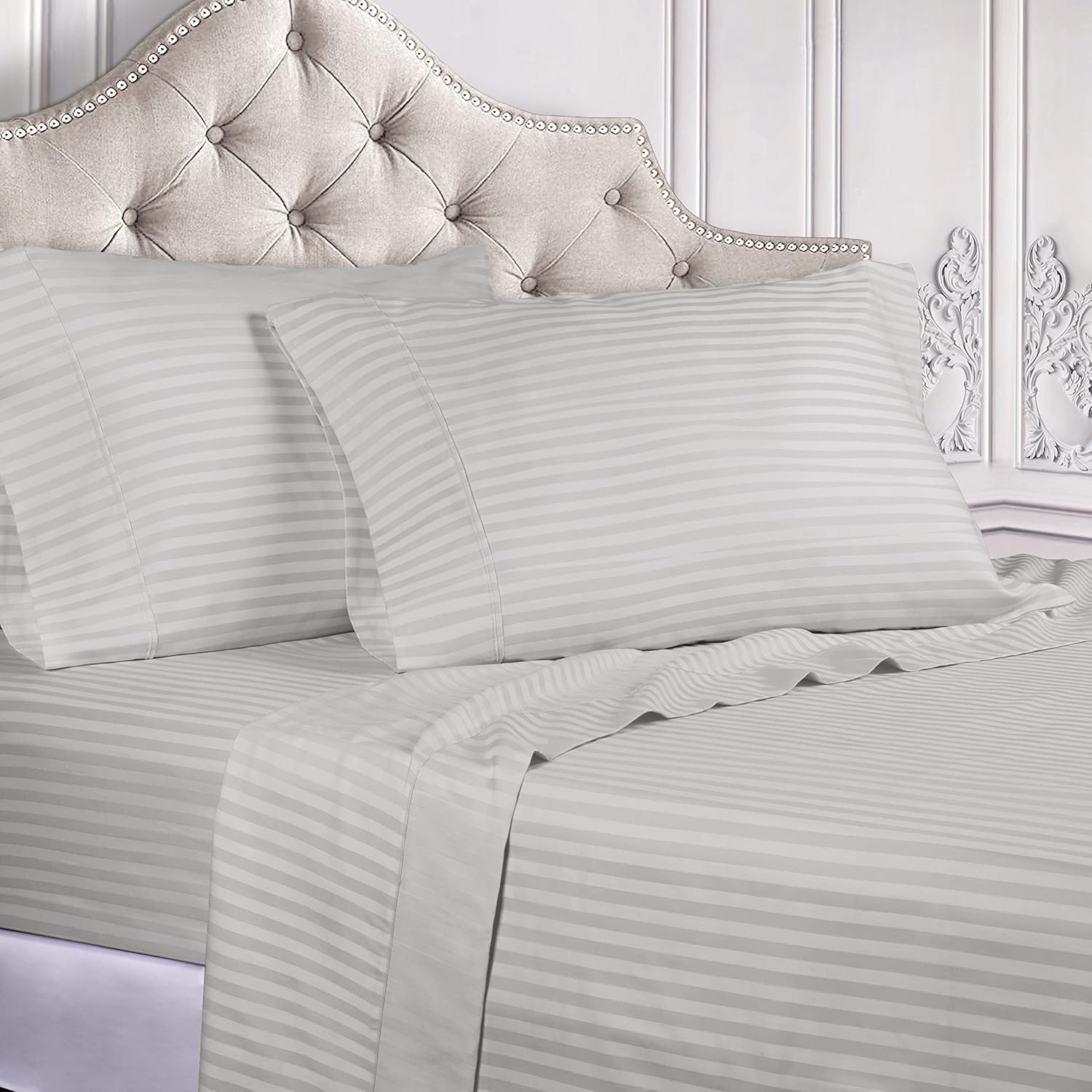 Superior Juego de sábanas de algodón egipcio de 400 hilos, tejido satinado a rayas, artículos esenciales para ropa de cama suave, 1 sábana bajera