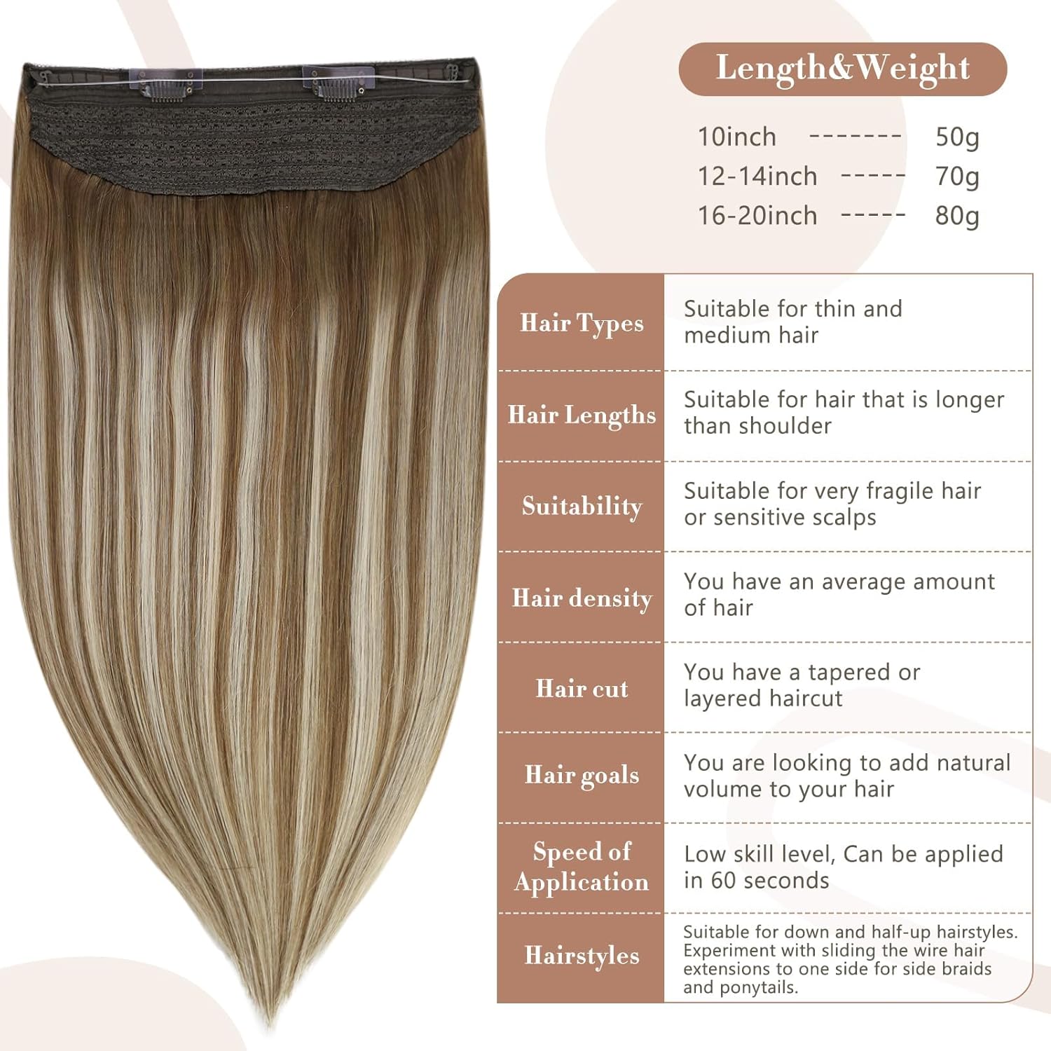 Fshine – Extensiones de cabello humano con alambre invisible, castaño degradado #6606, con hilo de nailon, 20 pulgadas, castaño a rubio platino,