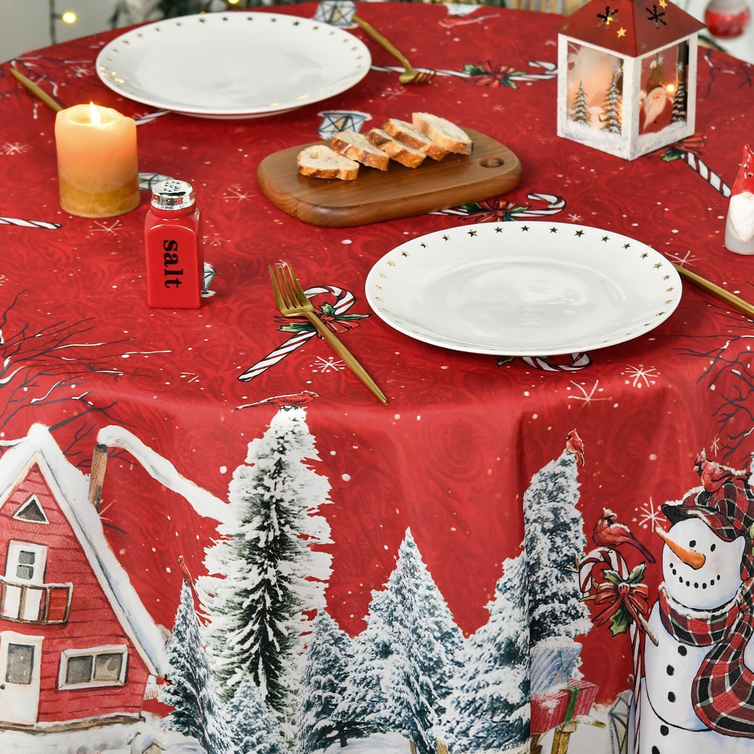 Horaldaily Mantel de Navidad redondo de 70 x 70 pulgadas, casa de muñeco de nieve de invierno, árboles de Navidad, color rojo, lavable, para fiesta,