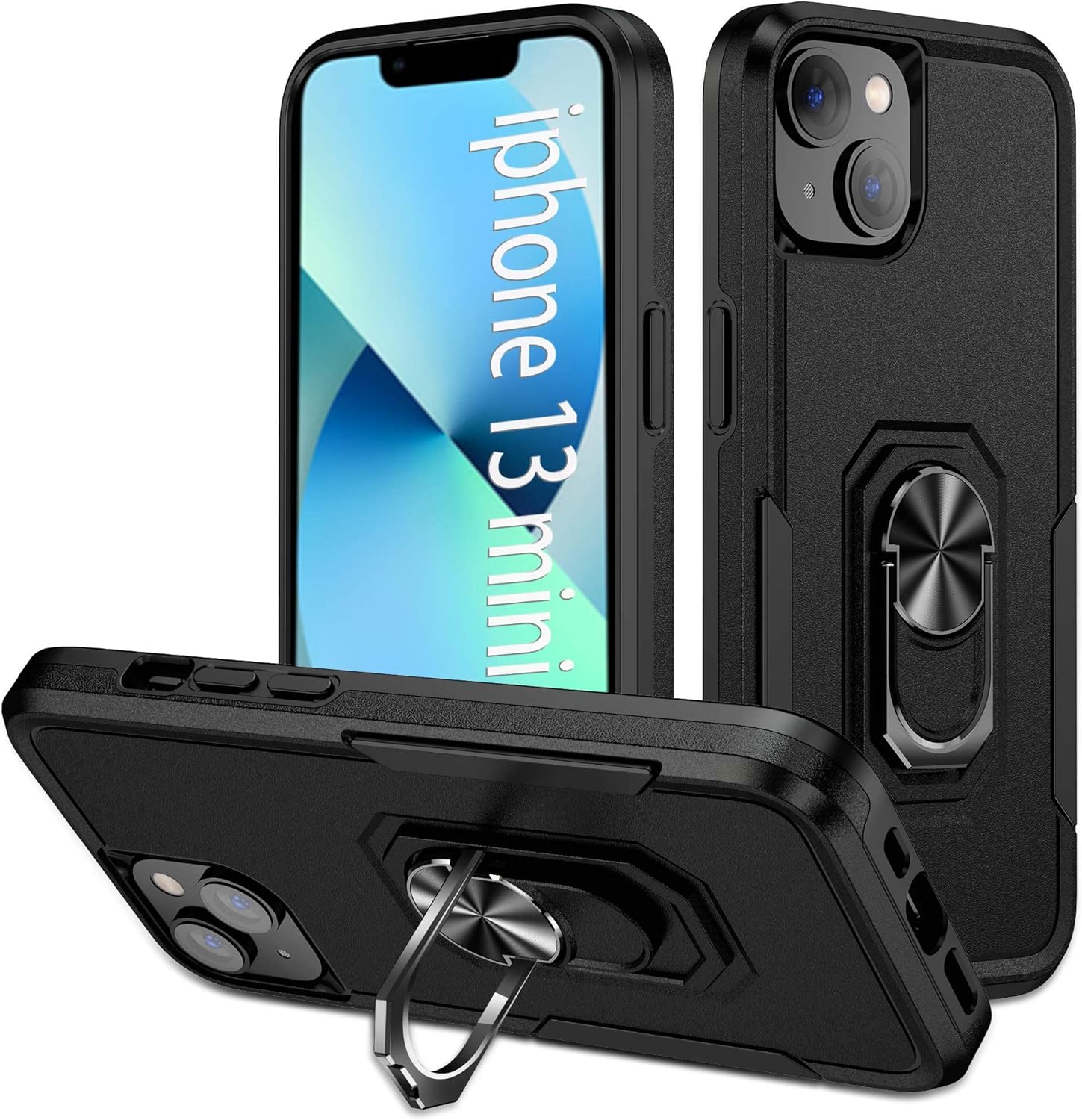 Funda para iPhone 13 Mini 5G con soporte de anillo giratorio de 360 integrado, funda magnética a prueba de golpes para iPhone 13 Mini 5G – (negro)