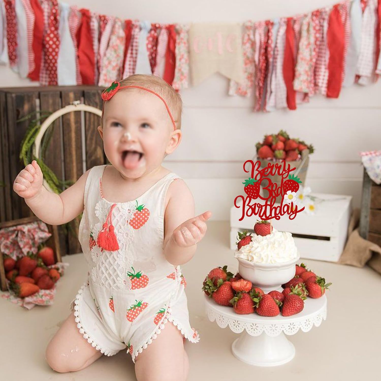 1 pieza de fresa y bayas para pastel de tercer cumpleaños con purpurina y tema de fruta dulce, selección de pastel de fresa para temática de fresa,