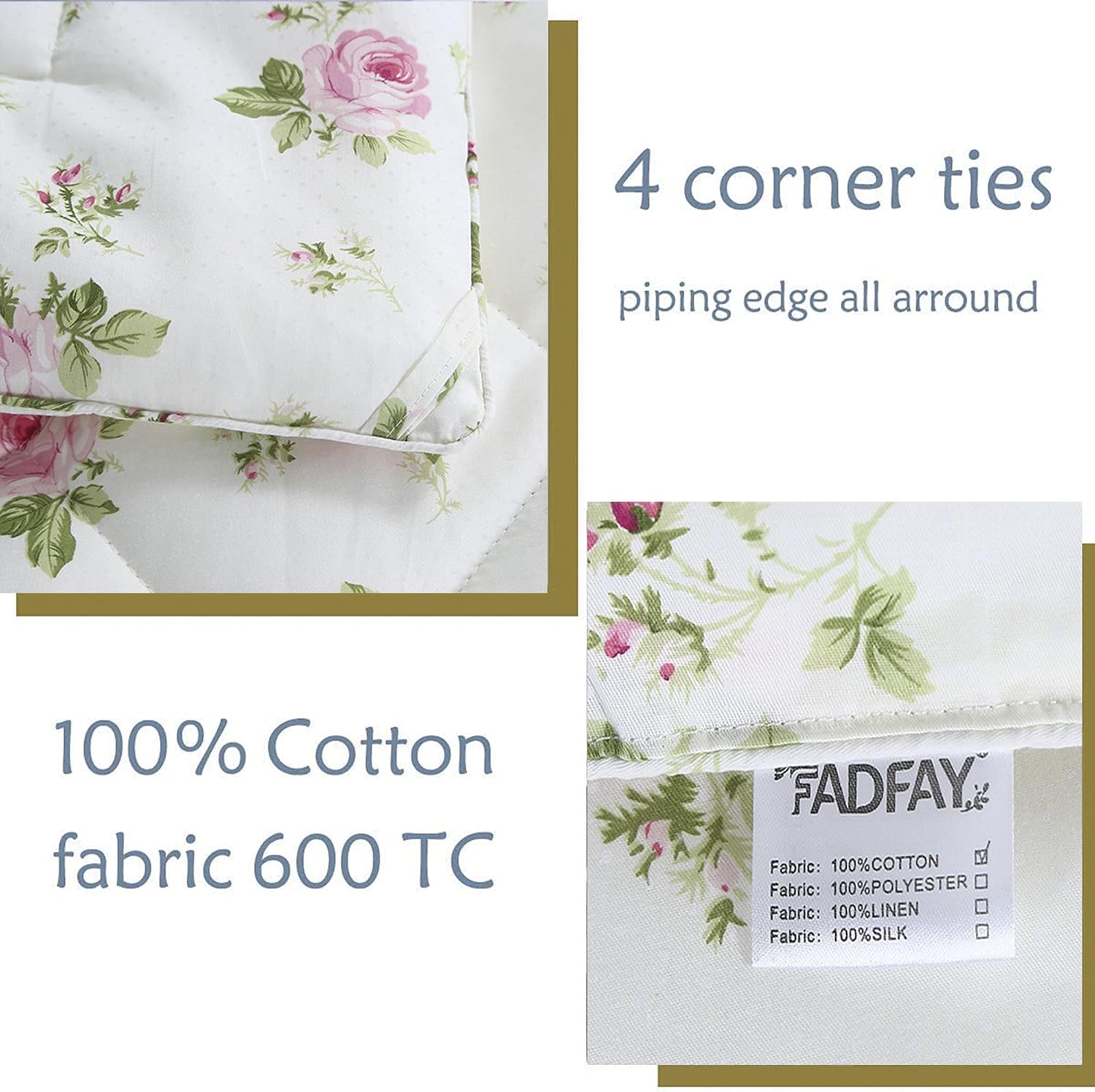 FADFAY Juego de edredón floral de 3 piezas, tamaño King, vintage, floral, de verano, 100% tela de algodón con relleno interior de microfibra suave,