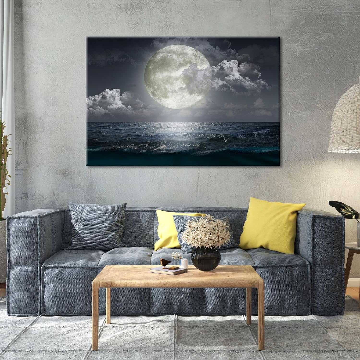 BANHUA1 Lienzo decorativo para pared, diseño de luna llena de mar, impresiones sobre lienzo con diseño de luna y océano, arte de pared, arte