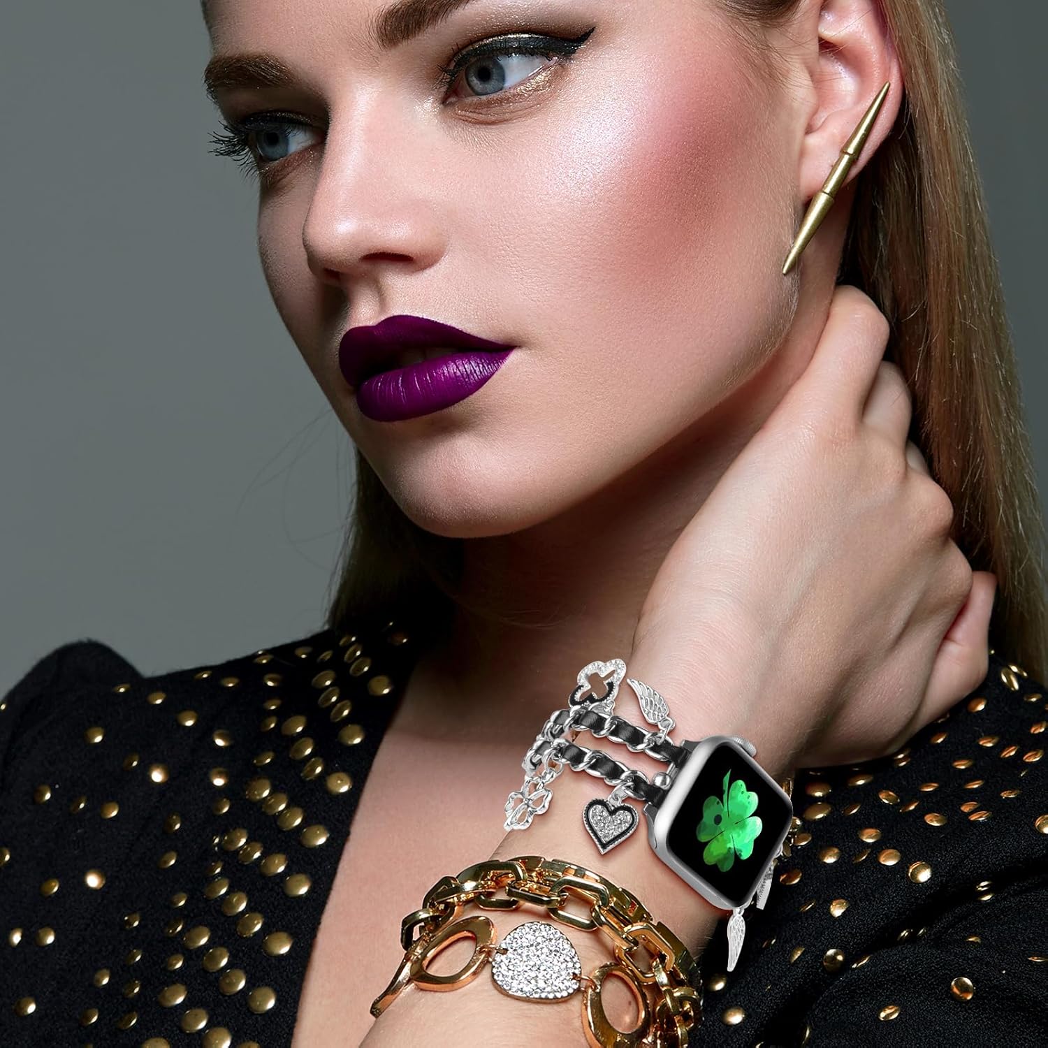 WONMILLE Correa compatible con Apple Watch de 1.732 in 1.772 in 1.929 in 1.654 in 1.496 in 1.575 in 1.614 in mujer elegante diseño de cadena con