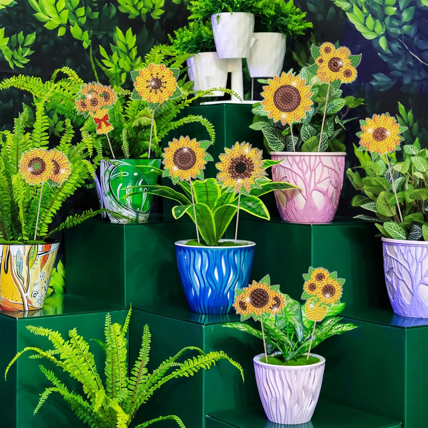 Huwena 12 piezas de pintura de diamante de girasol para decoración de jardín, estacas de pintura de diamante, flores, estacas de jardín, estacas de