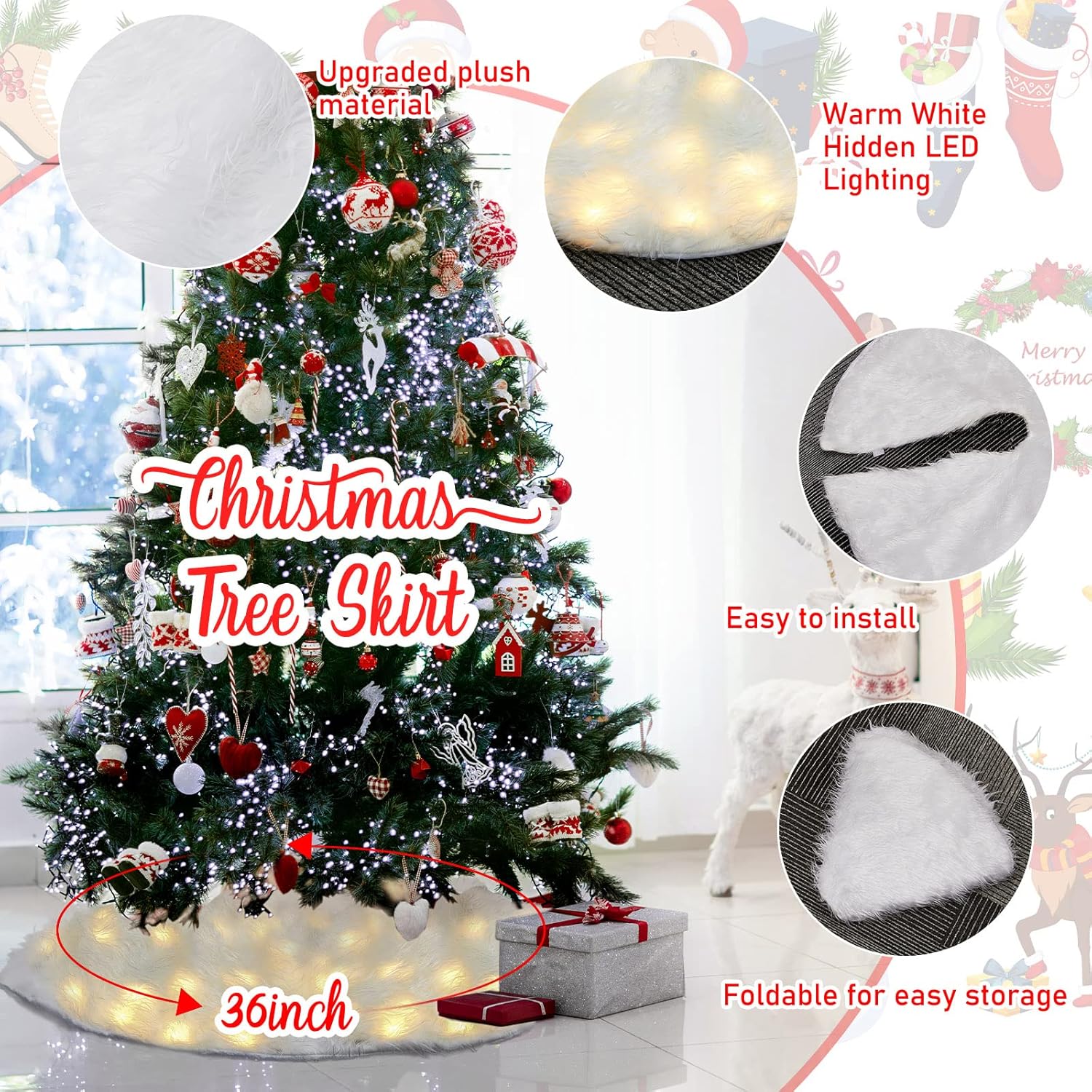 Falda de árbol de Navidad con luz LED, falda de árbol de piel sintética de felpa blanca iluminada, manta de nieve de Navidad para decoración de