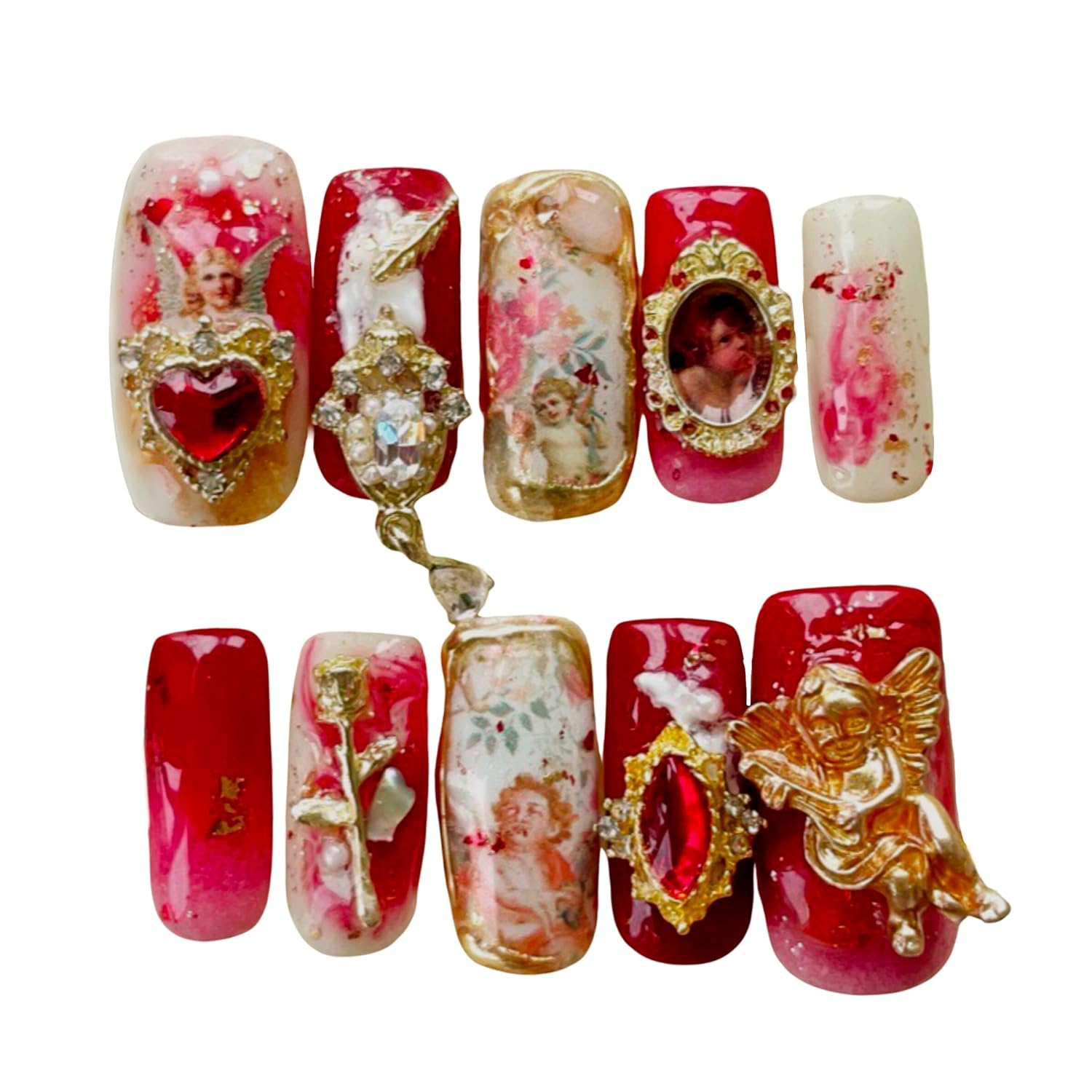 Boudoir red angel! press on nails, False nail, fake nails, handmade, nail art  design by make.a.nail.make.a.wish (XS, Nature)