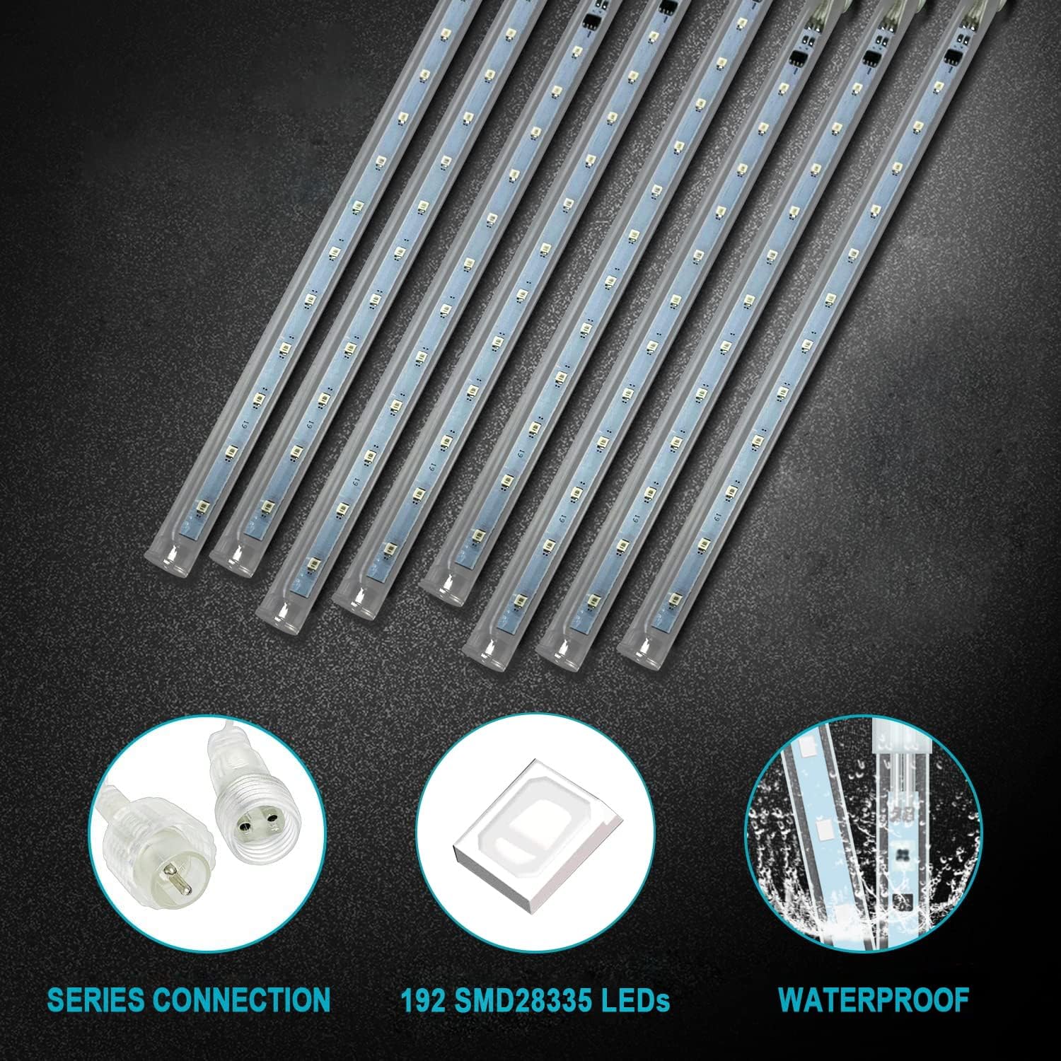 Tira de luces LED de lluvia de meteoritos para Navidad, 192 luces LED de 11.8 pulgadas, 8 tubos, impermeable, carámbano, nieve, caída, guirnalda de