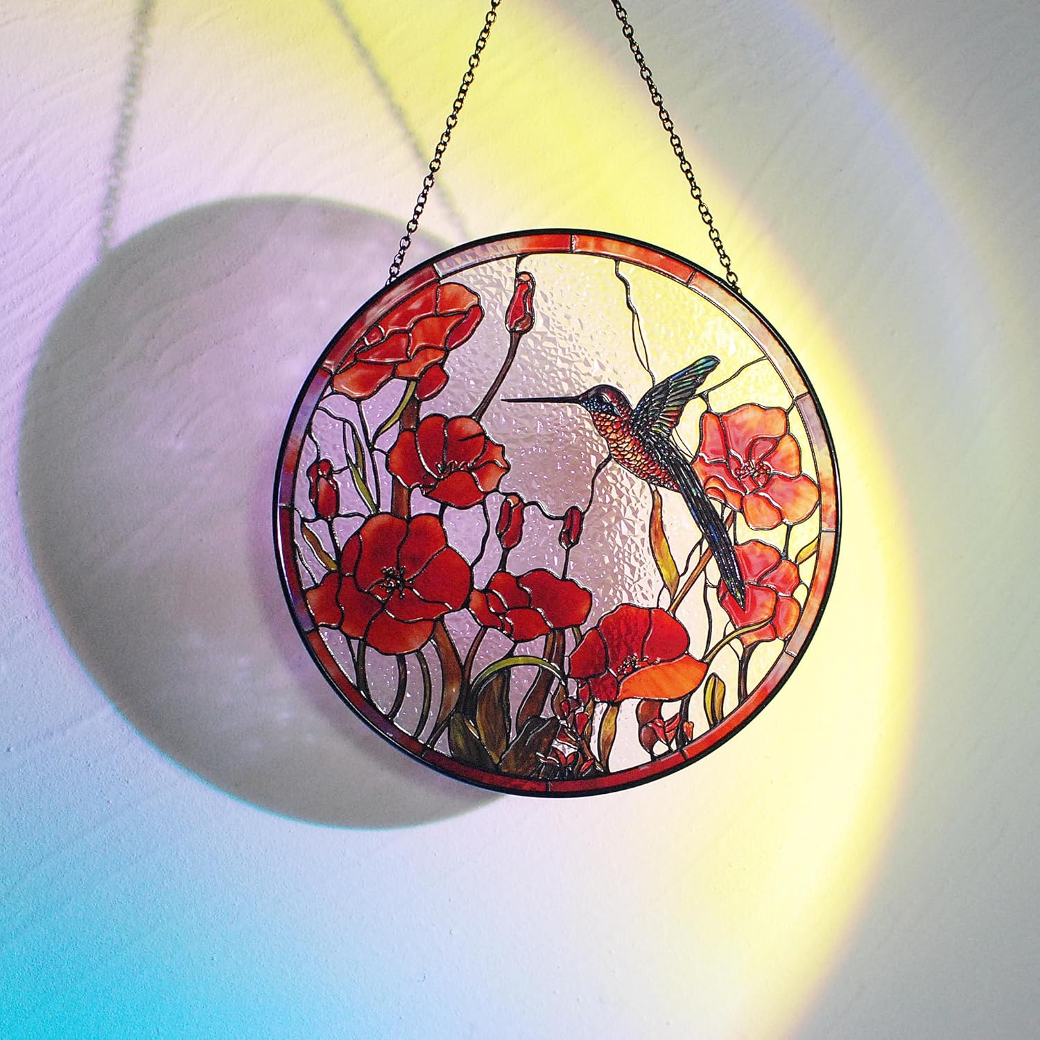 Atrapasoles de colibrí con vitrales, diseño original de 7.8 pulgadas, adorno de amapolas rojas de colibrí para atrapasoles para ventana interior