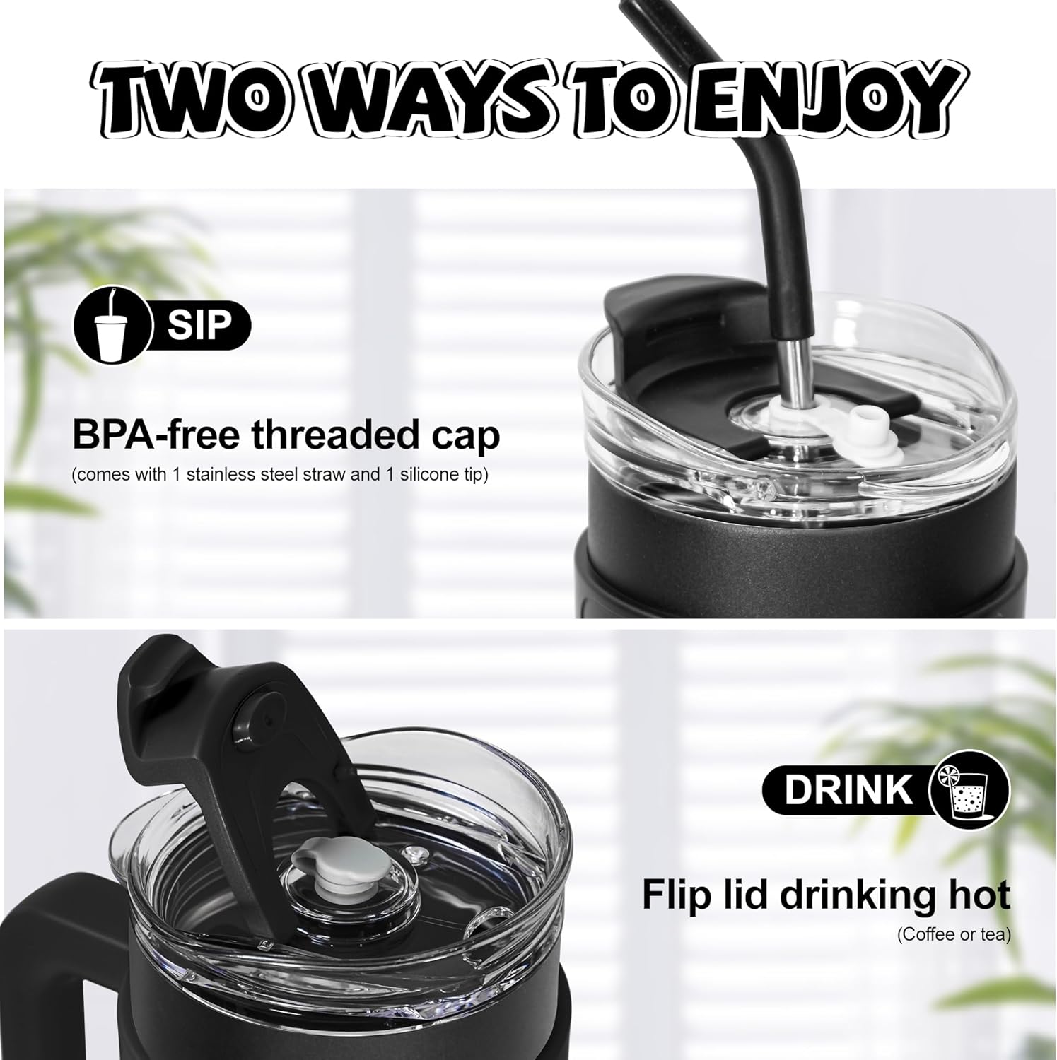 AGH Vaso de 40 onzas con asa y pajilla, doble pared aislada al vacío, botella de agua reutilizable de acero inoxidable, taza de viaje, taza de café