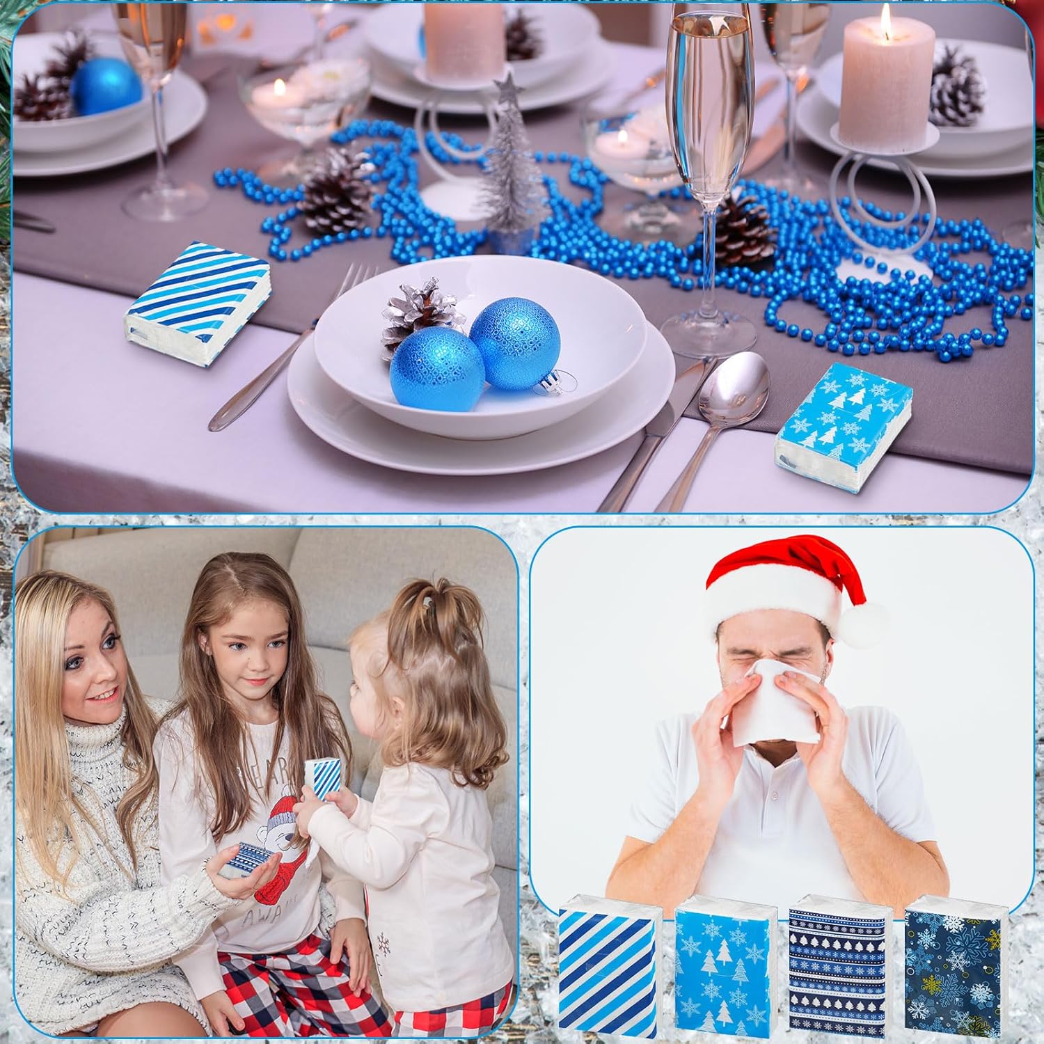 Paquete de 120 pañuelos de viaje de Navidad a granel, pañuelos de bolsillo de copo de nieve azul, paquetes de pañuelos faciales de 3 capas, paquetes