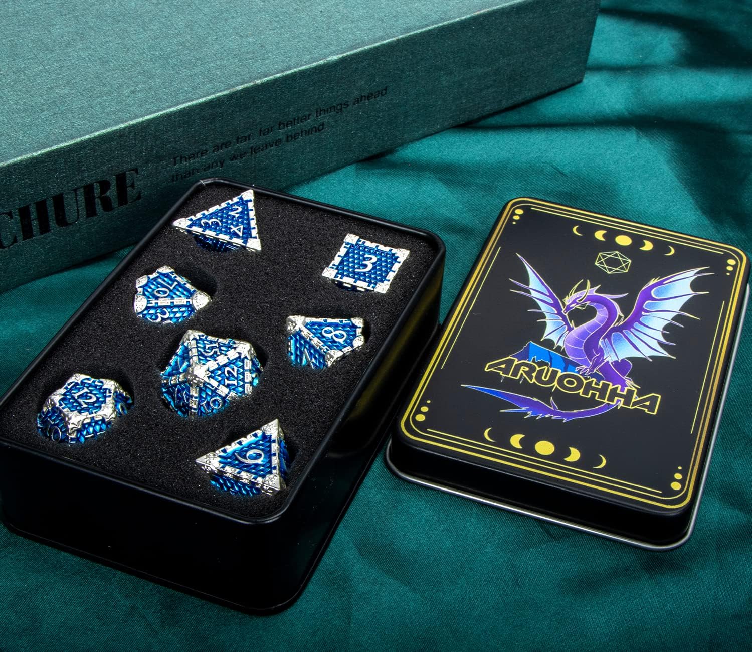 ARUOHHA DND – Juego de dados de metal con caja de regalo, juego de rol a escala de dragón azul, juego de dados poliédricos de 6 caras para D&D de