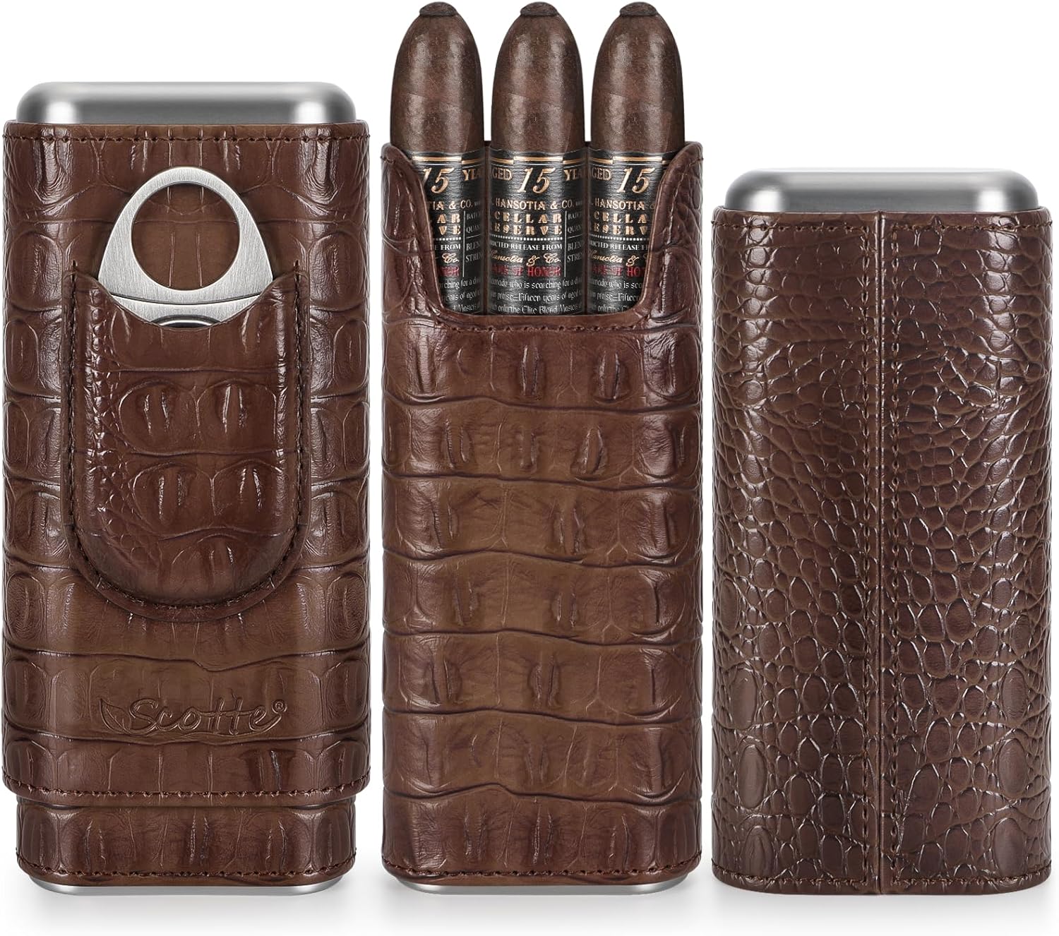 Scotte Estuche de viaje de cuero para cigarros, funda de viaje con forro de madera de cedro, caja de humidor de cigarros portátil con cortador de