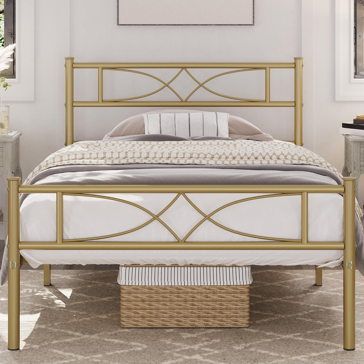 Yaheetech Base de cama de metal individual, base de cama con plataforma, base de colchón con cabecera y estribo de diseño curvo, soporte resistente,