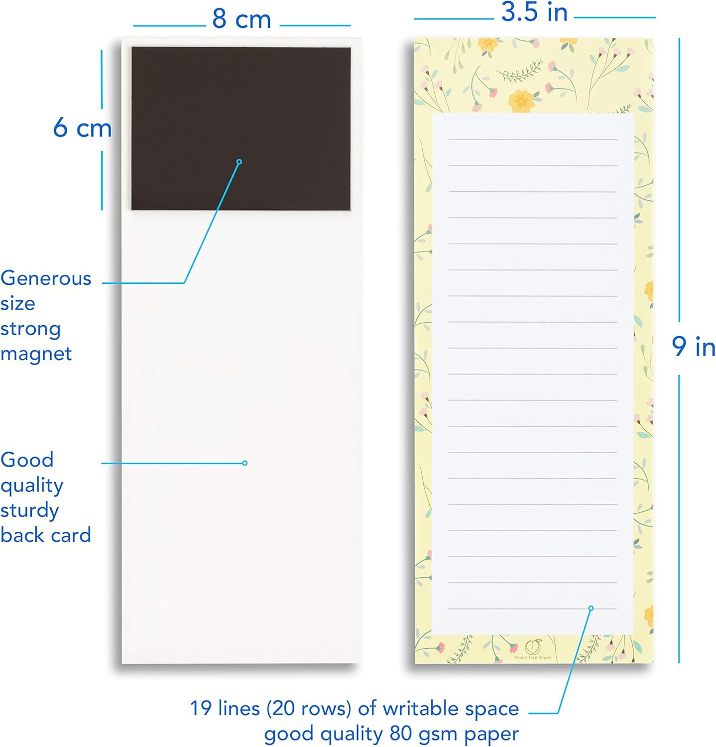 Peach Tree Shade Bloc de notas magnéticos, paquete de 6 60 hojas por bloc de 3.5 x 9 pulgadas, patrones de flores, para refrigerador, cocina,