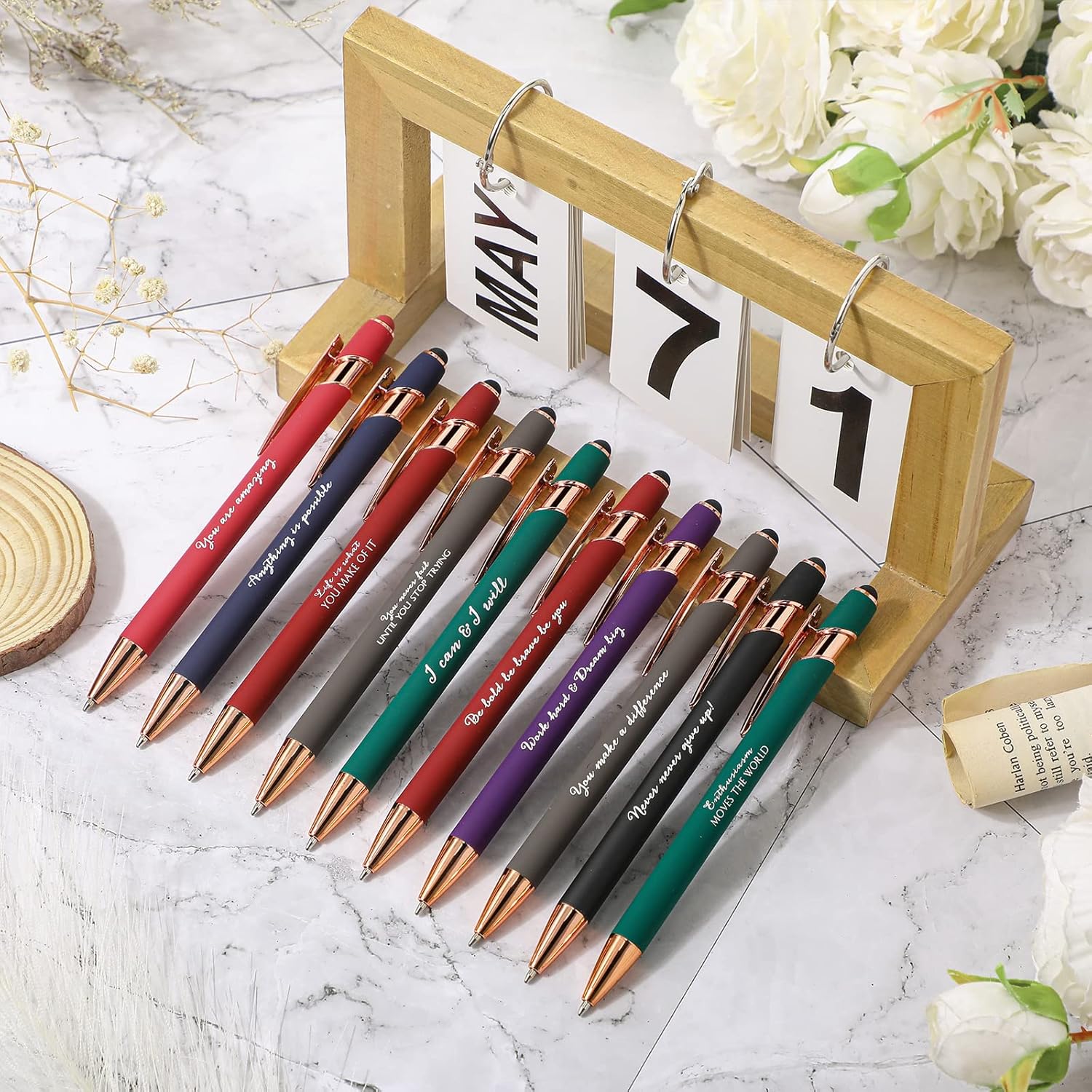 Kosiz 100 unidades de bolígrafo inspirador con punta de lápiz capacitivo, mensajes motivacionales, bolígrafo de metal inspirador de tinta negra,