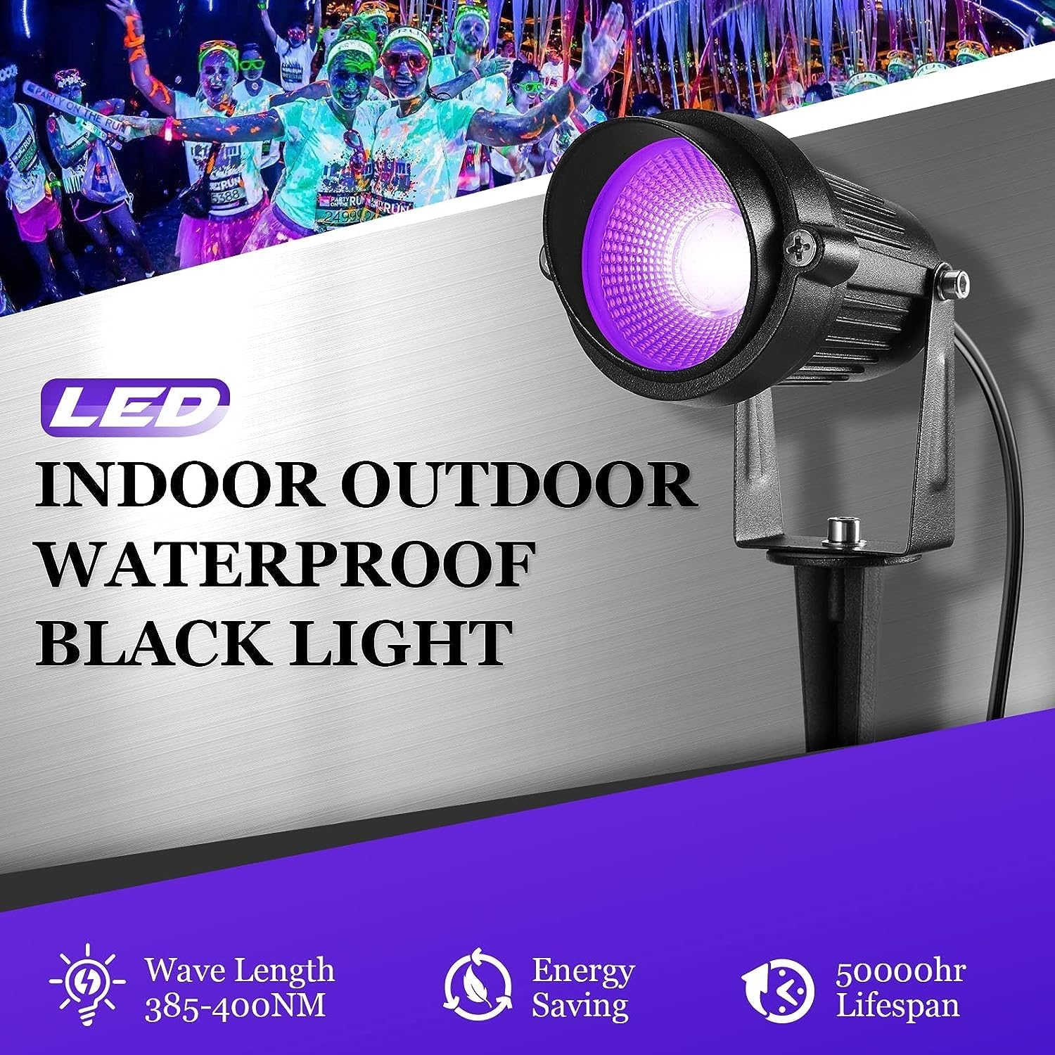 Junview Luces LED negras de 12 W con enchufe blanco cálido de EE. UU., IP66, impermeables, para exteriores, luces negras para fiestas de baile,