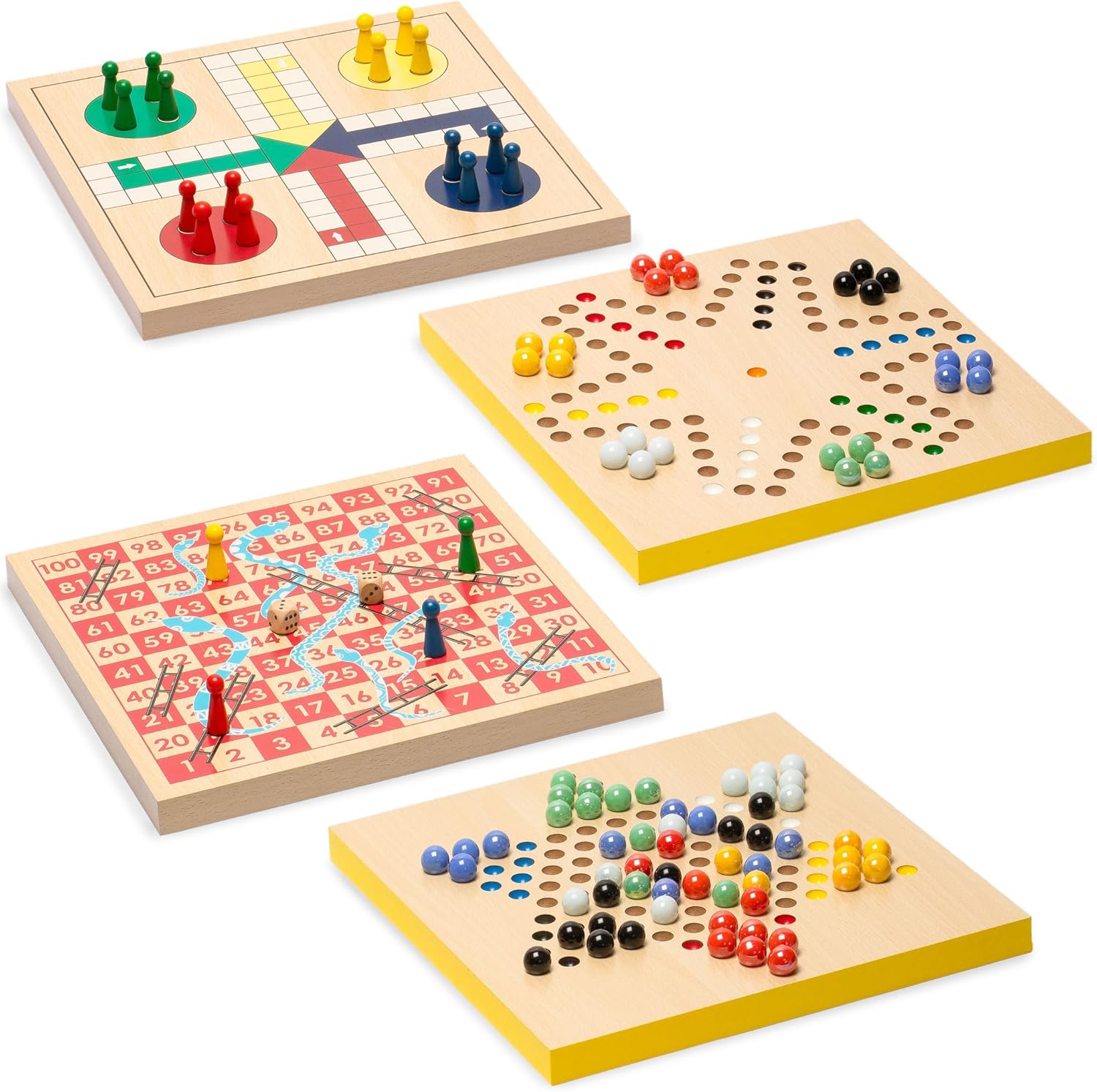 Yellow Mountain Imports Classic Games Bundle – Serpientes y escaleras de madera reversibles 2 en 1, juego de Ludo (11.3 pulgadas) y Ludo reversible
