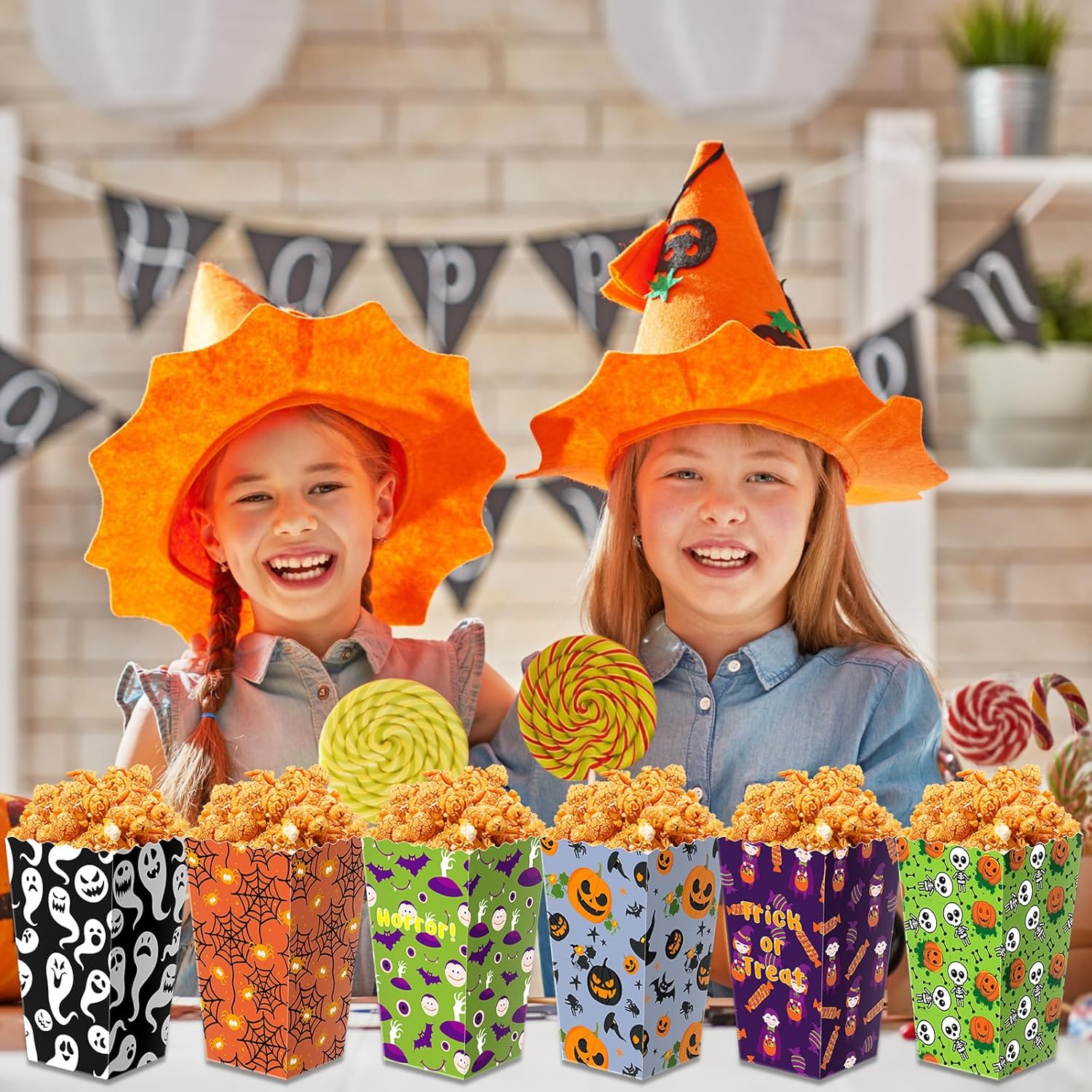 24 cajas de regalo de palomitas de maíz para fiestas temáticas de Halloween en 6 diseños, caja de golosinas para dulce o truco, contenedor de