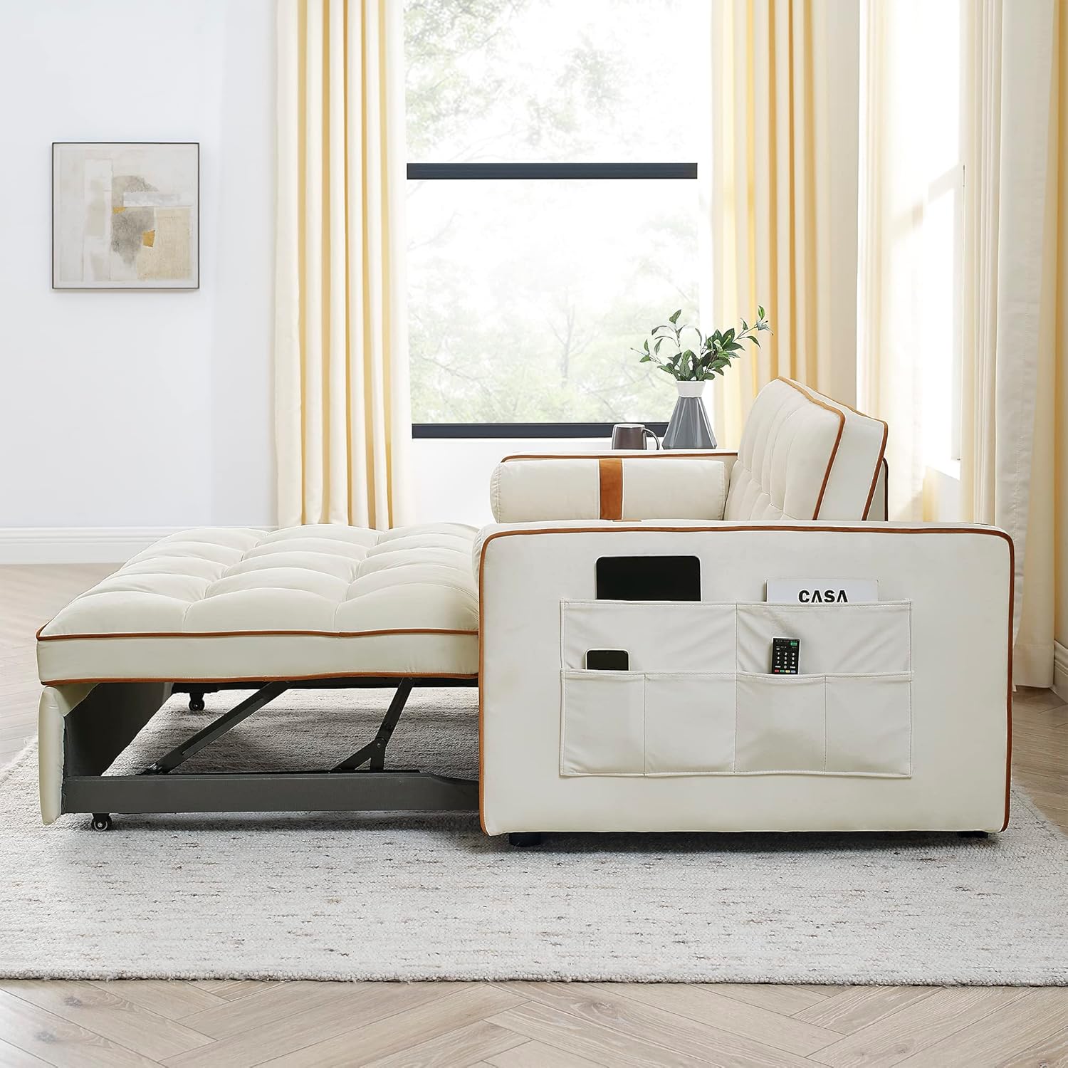 Sofá cama extraíble, color beige de 38.5 pulgadas de ancho + bolsillos laterales y almohadas lumbares