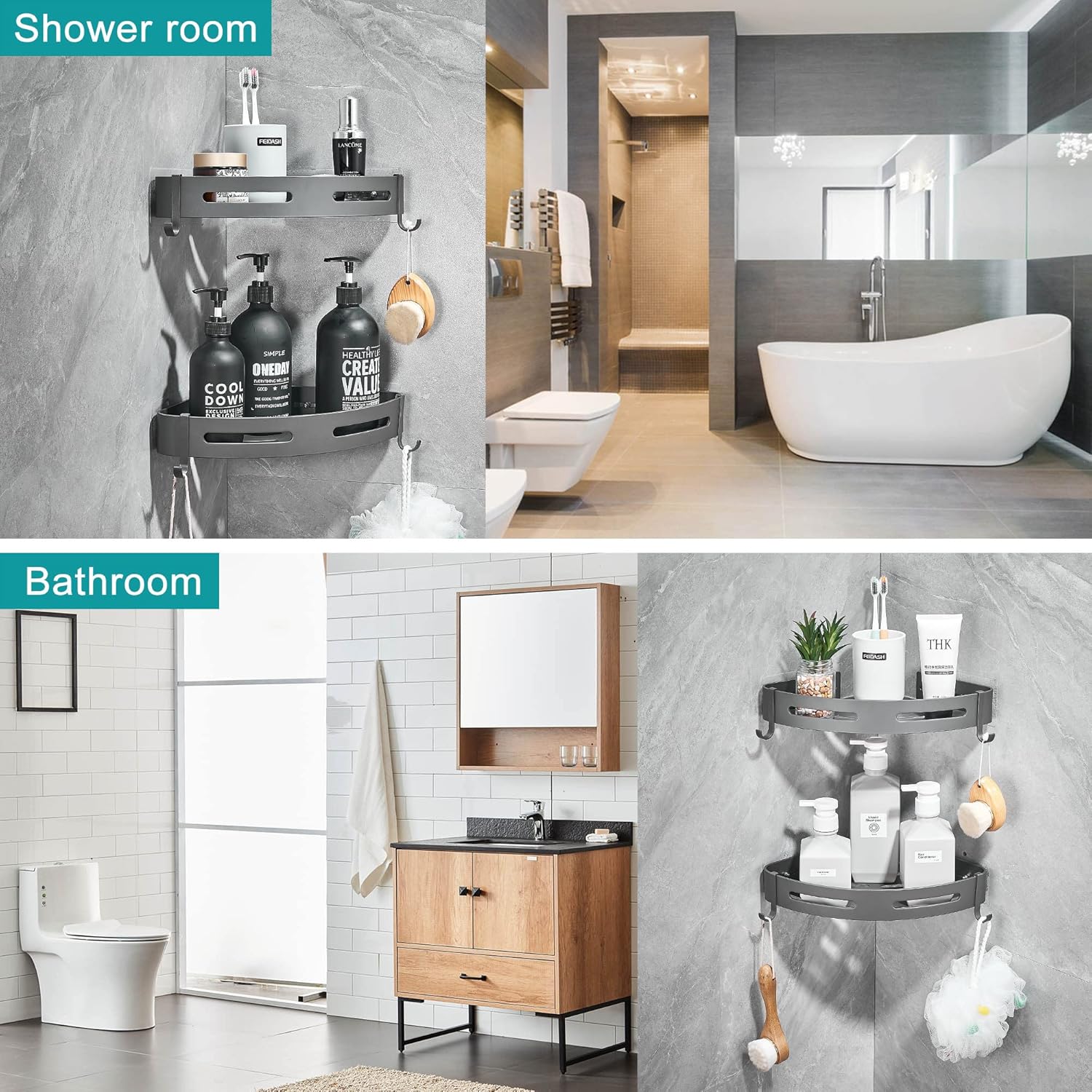 Hoomtaook Estante esquinero de ducha de 2 niveles, estantes de esquina de baño, estantes de esquina de baño, estantes de ducha adhesivos, estante de