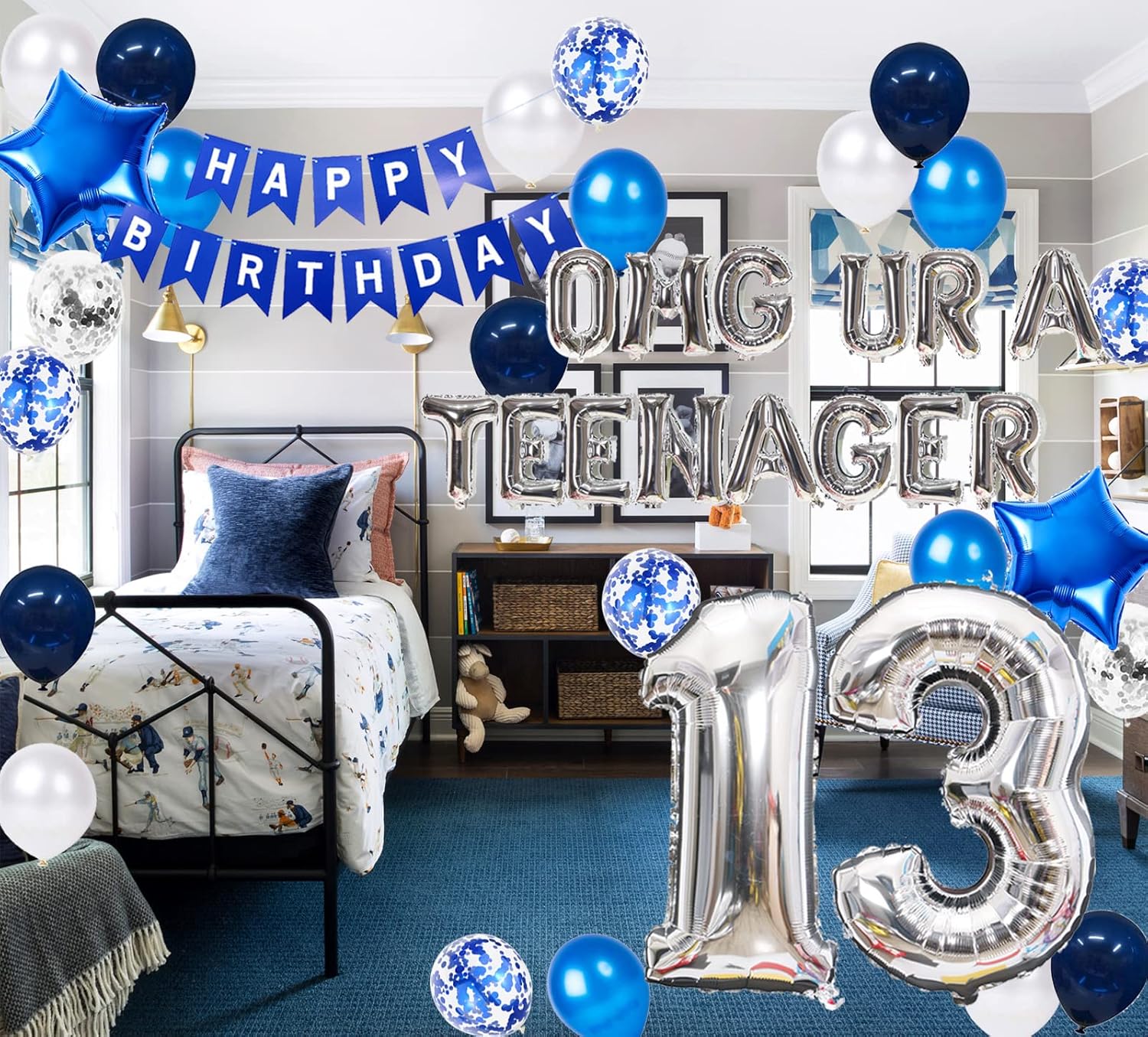 Decoraciones de cumpleaños número 13 azules para niños, decoración de cumpleaños de 13 años OMG UR A, pancarta azul de 13 cumpleaños número 13