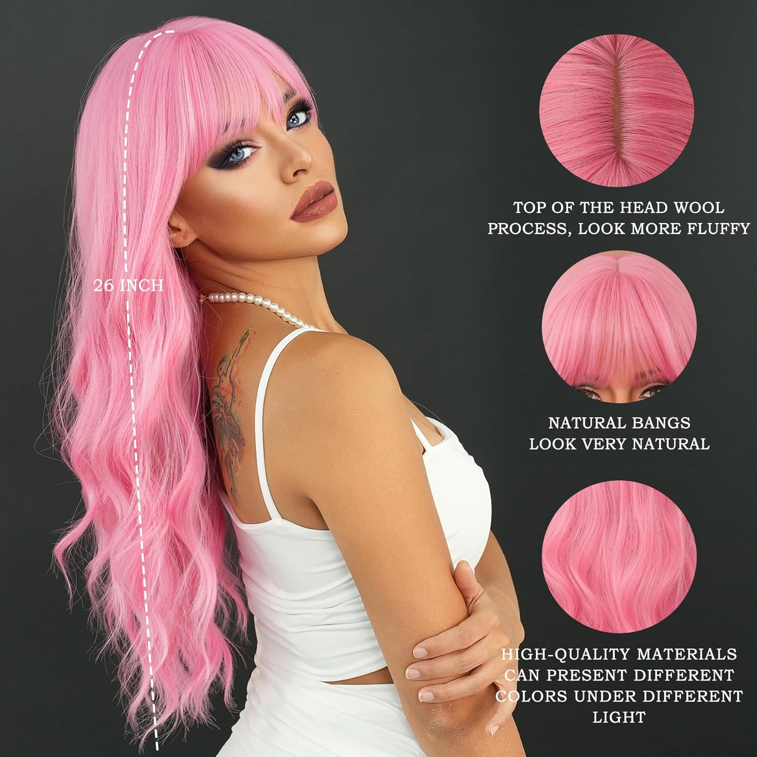 7JHH WIGS Peluca larga ondulada rosa de 24 pulgadas, fibra sintética resistente al calor, rizada, rosa claro, con flequillo, para mujeres y niñas,