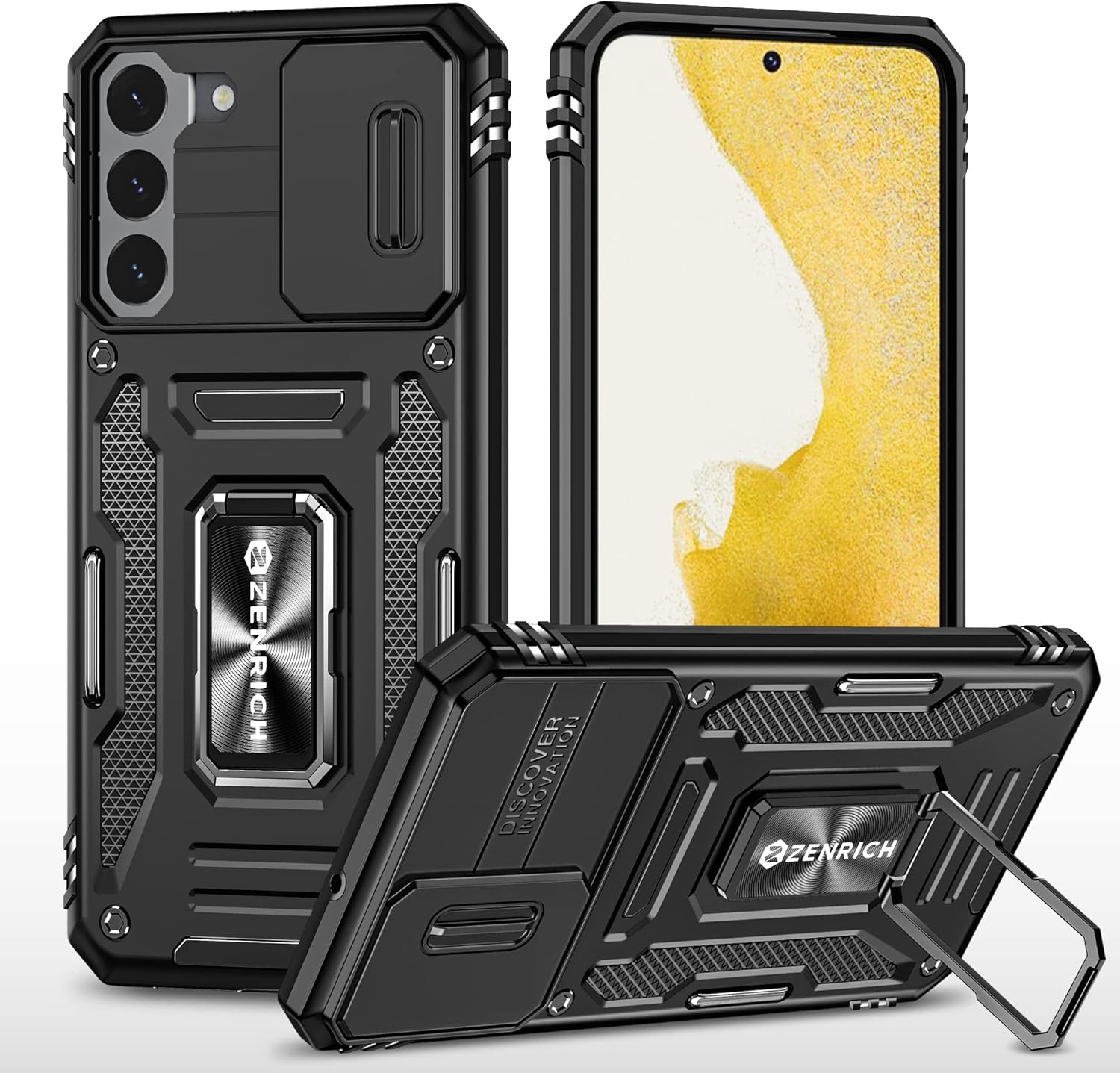 ZenRich Funda resistente para Samsung Galaxy S22 con cubierta deslizante para cámara y soporte, funda protectora de doble capa de grado militar
