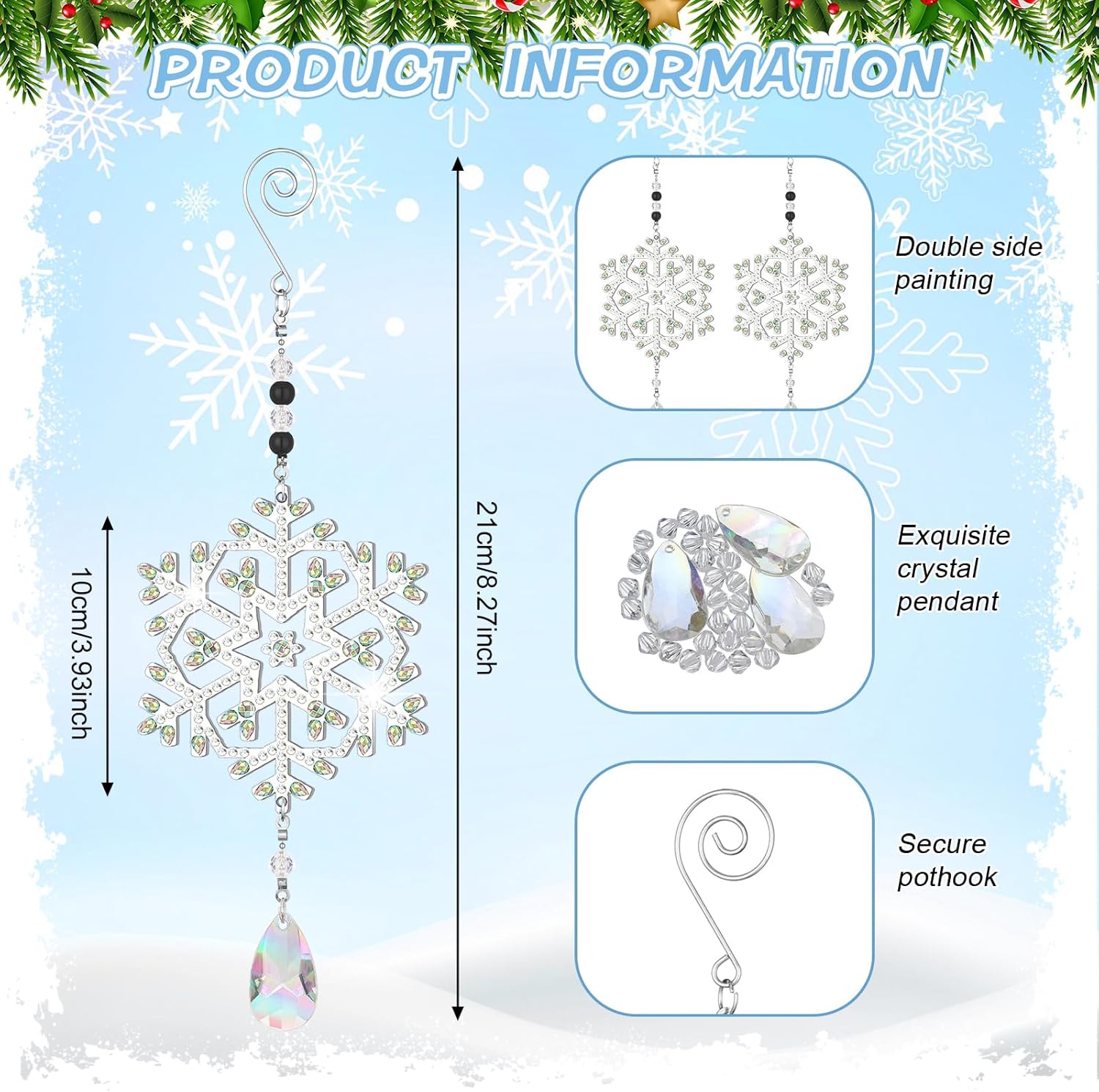 Uiifan 8 piezas de adornos de pintura de diamantes de copos de nieve, pintura de diamantes de Navidad, campanillas de viento, kits de arte de