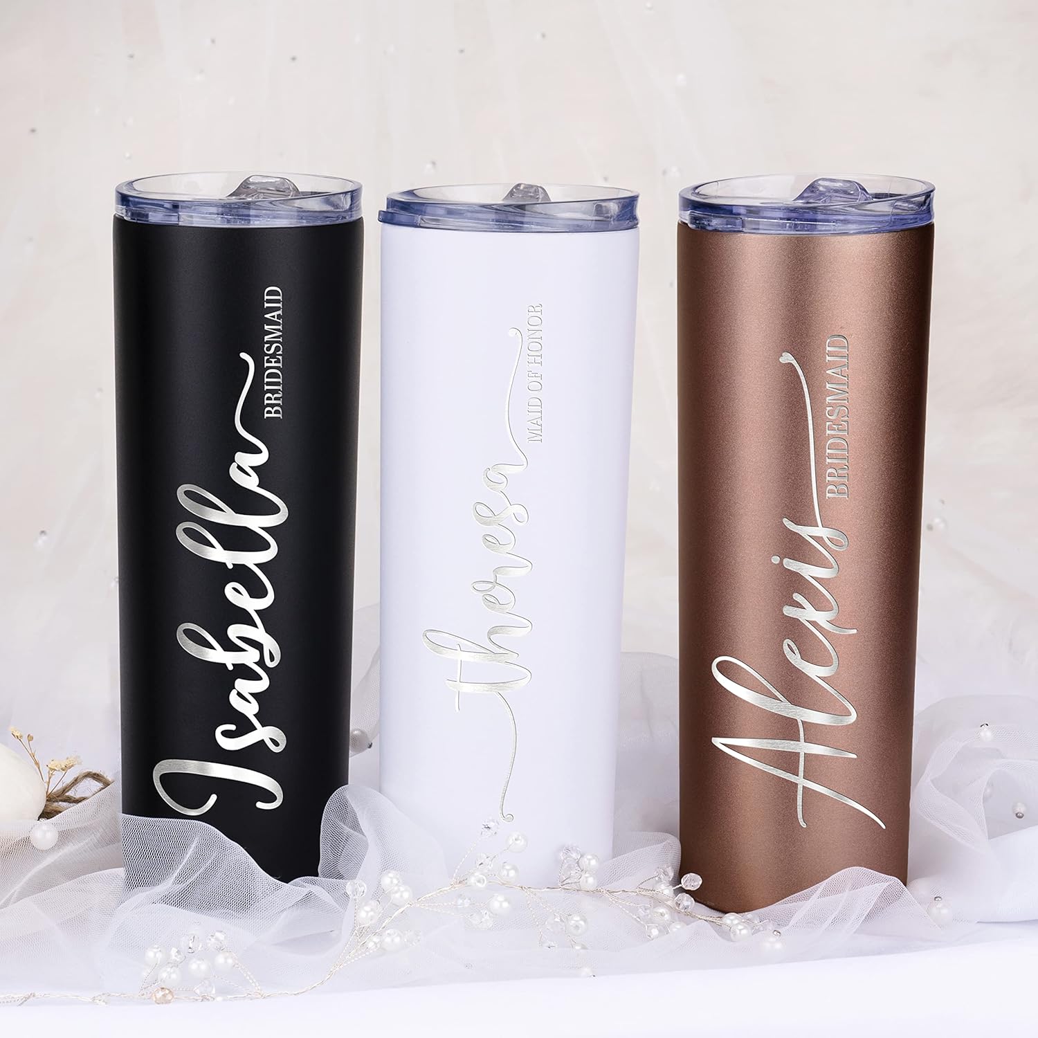Lily’s Atelier Juego de 5 vasos personalizados para dama de honor, con nombre y título, 8 colores vivos, 5 diseños, vaso delgado grabado de 20 onzas