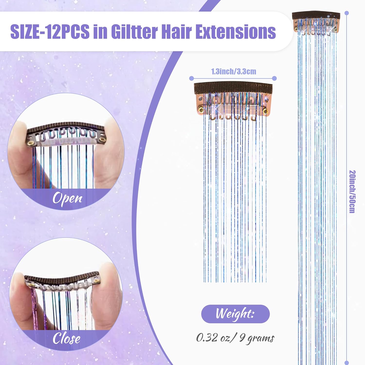 Kit de oropel con clip, 6 extensiones de cabello de oropel con clip, resistentes al calor, con purpurina, accesorios para el cabello brillantes para
